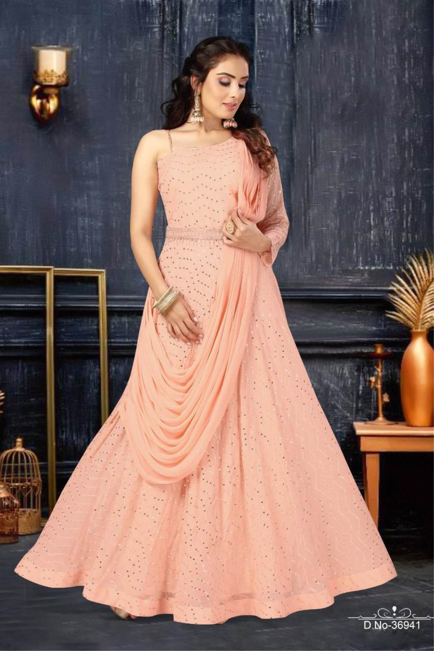 Buy Peach Party Wear Readymade Cotton Gown | Gowns