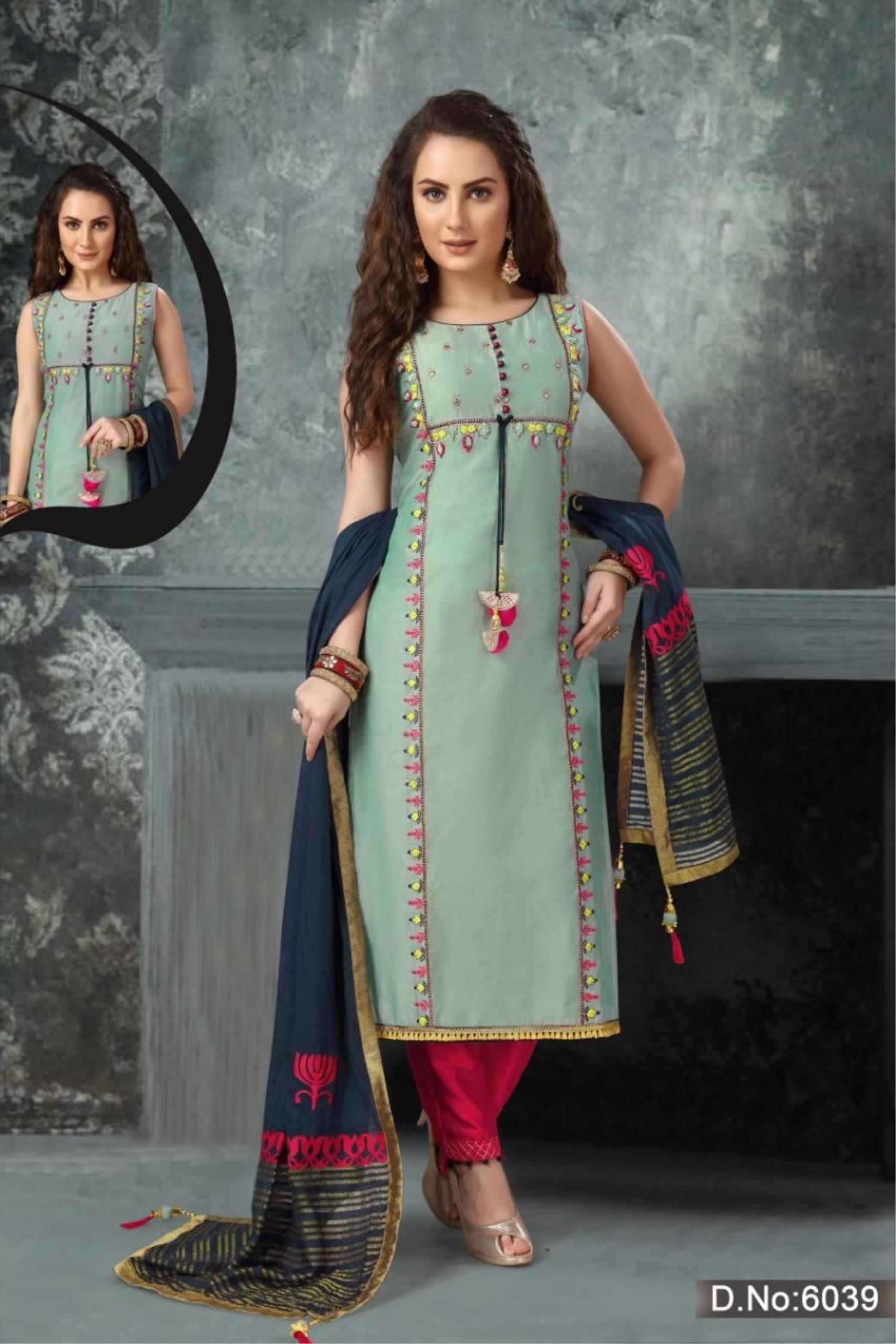Sea Green Color Straight Long Dress With Blue Printed Dupatta ANOKHI
