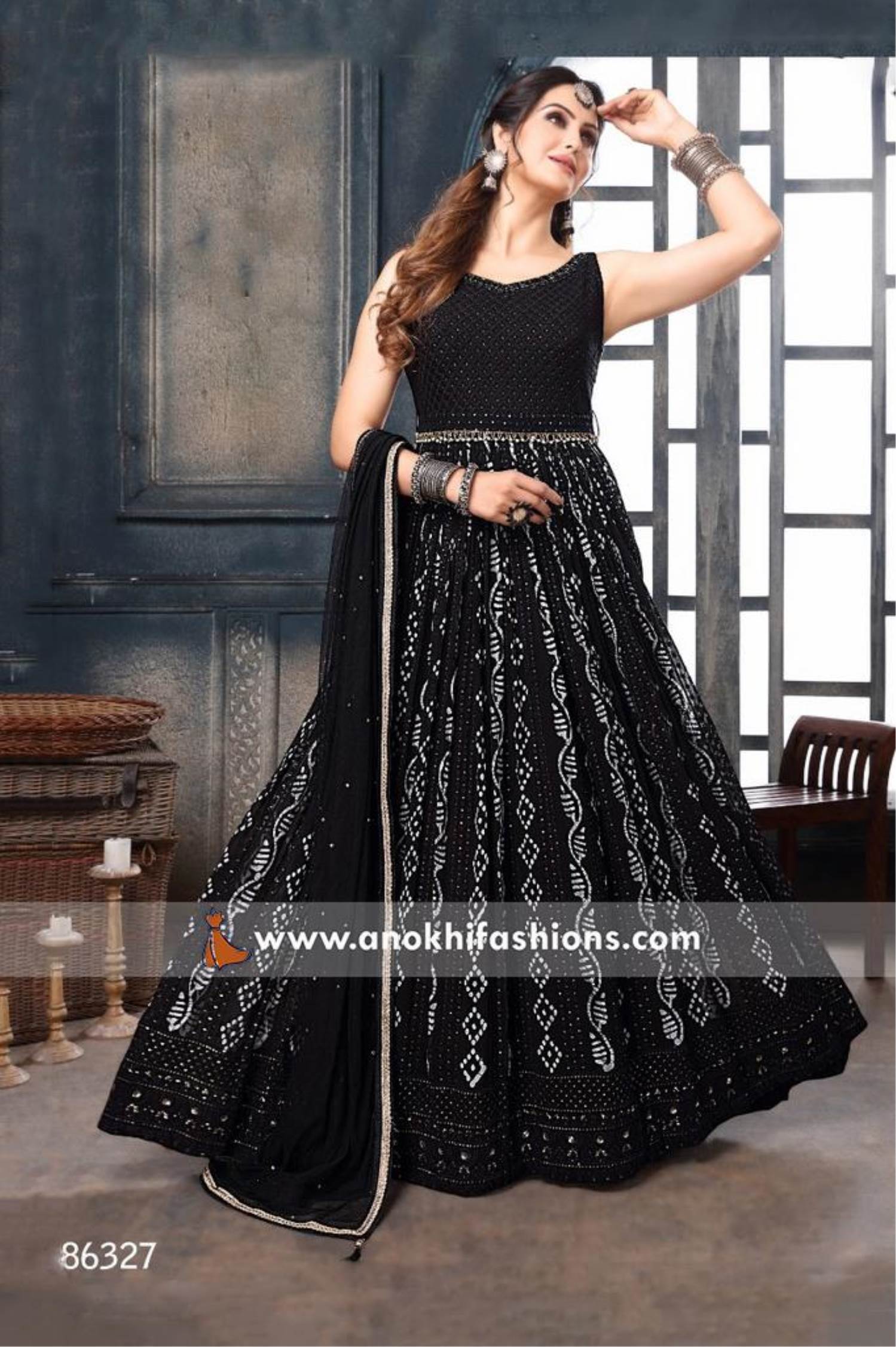 Anarkali Style Black Stone Hand Embroidery Work Gown
