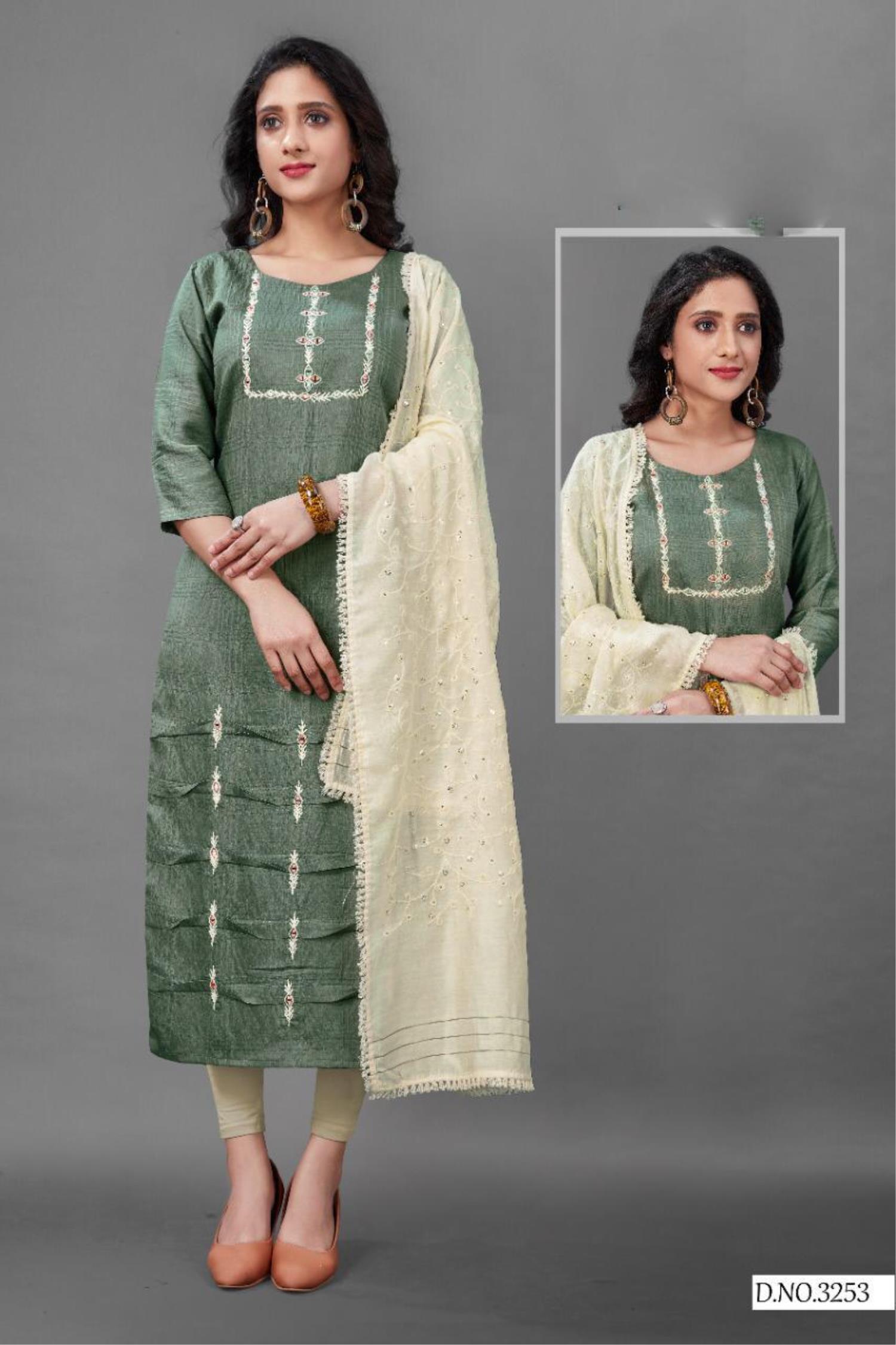 Pista and Cream Color Combination Party Wear Straight Long Kurti Set ::  ANOKHI FASHION