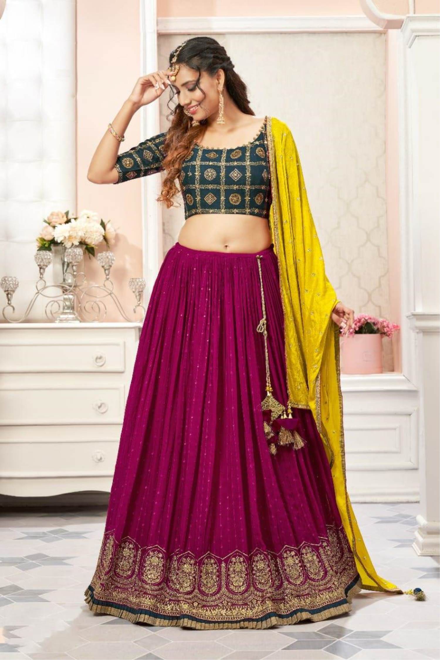 Buy Yellow Net Wedding Wear Sequins Work Lehenga Choli Online From Wholesale  Salwar.