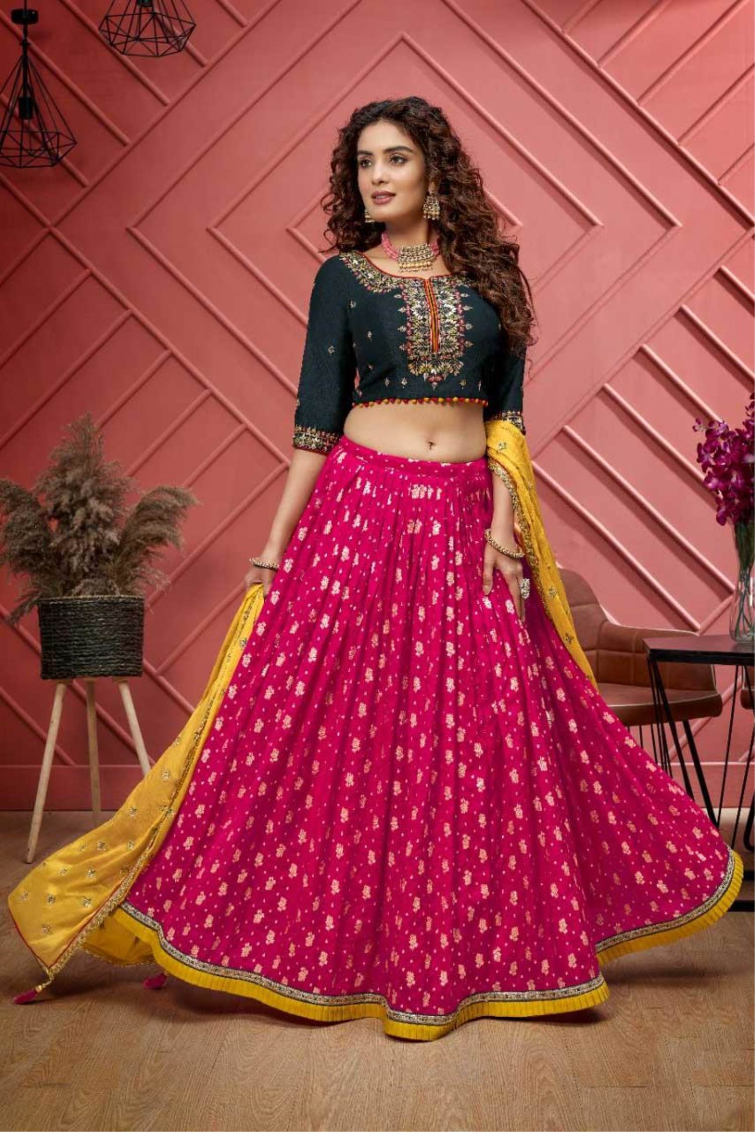DRESSTIVE Navy Blue & Gold-Toned Embroidered Semi-Stitched Lehenga &  Unstitched Blouse With Dupatta - Absolutely Desi