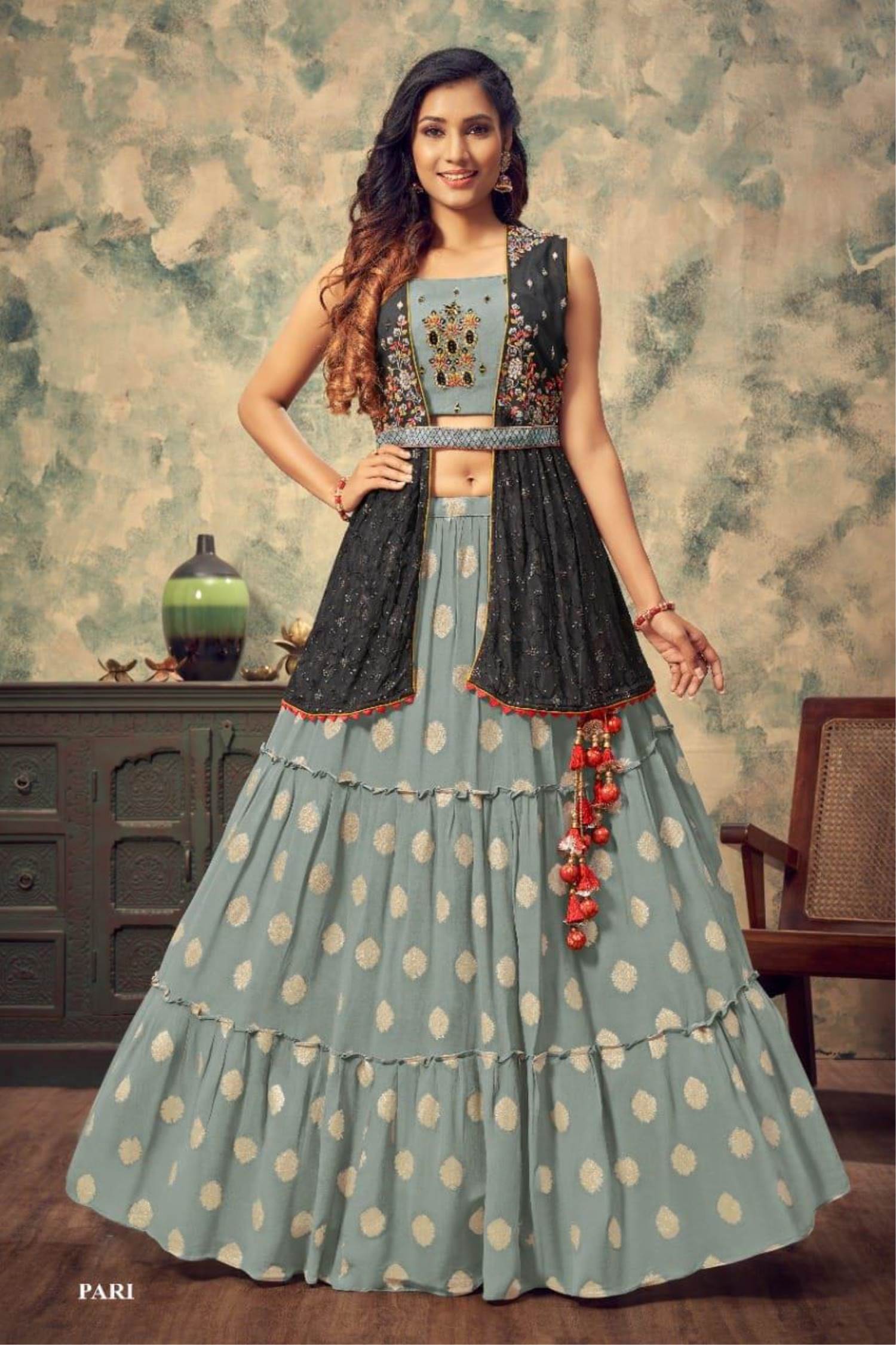 Stone Blue Embellished Ombre Lehenga Gown Design by VIVEK PATEL at Pernia's  Pop Up Shop 2024