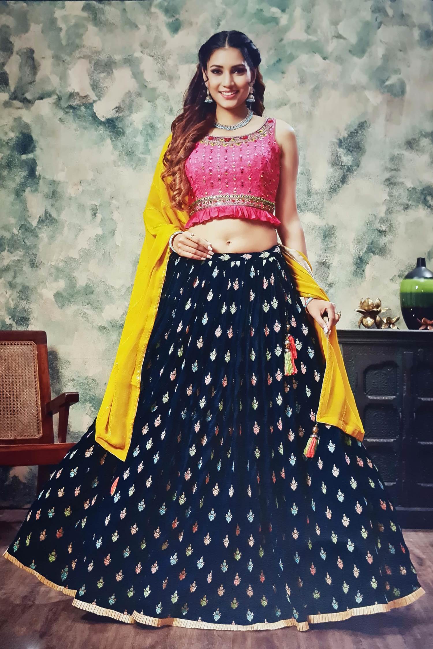 Pink lehenga on sale blue choli