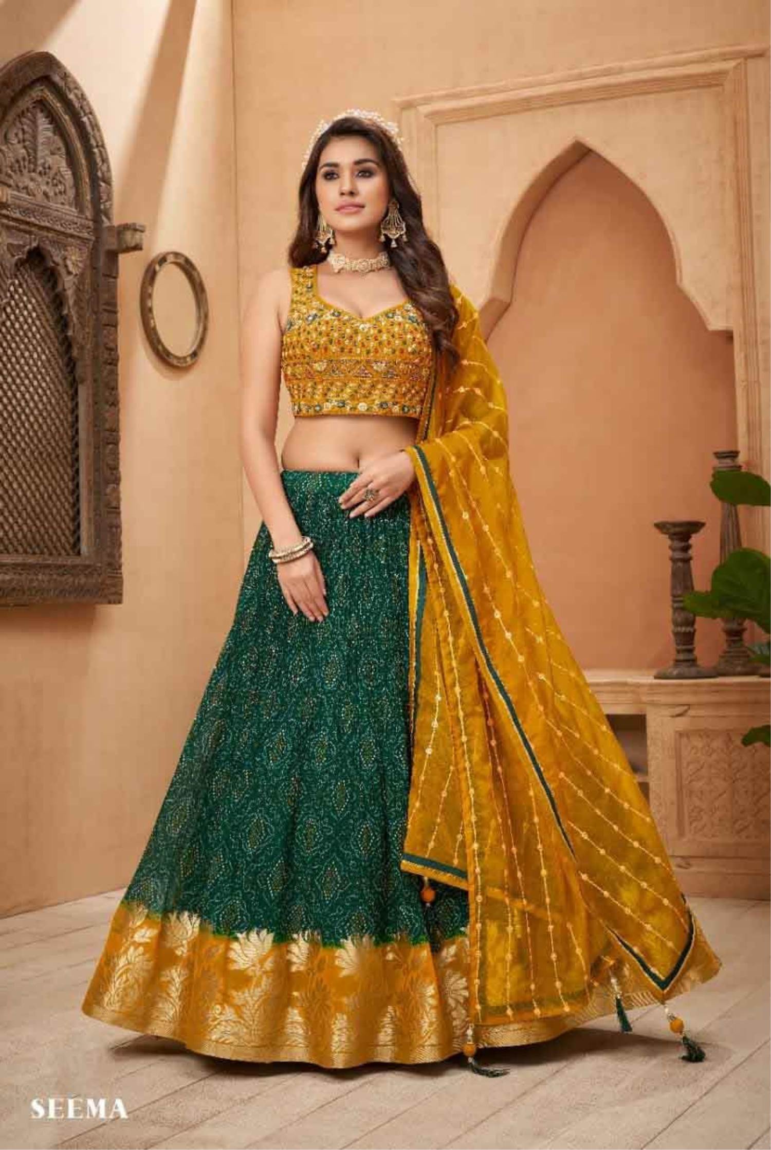 Buy Mustard And Green Banarasi Silk Lehenga Online - LLCV00476 | Andaaz  Fashion