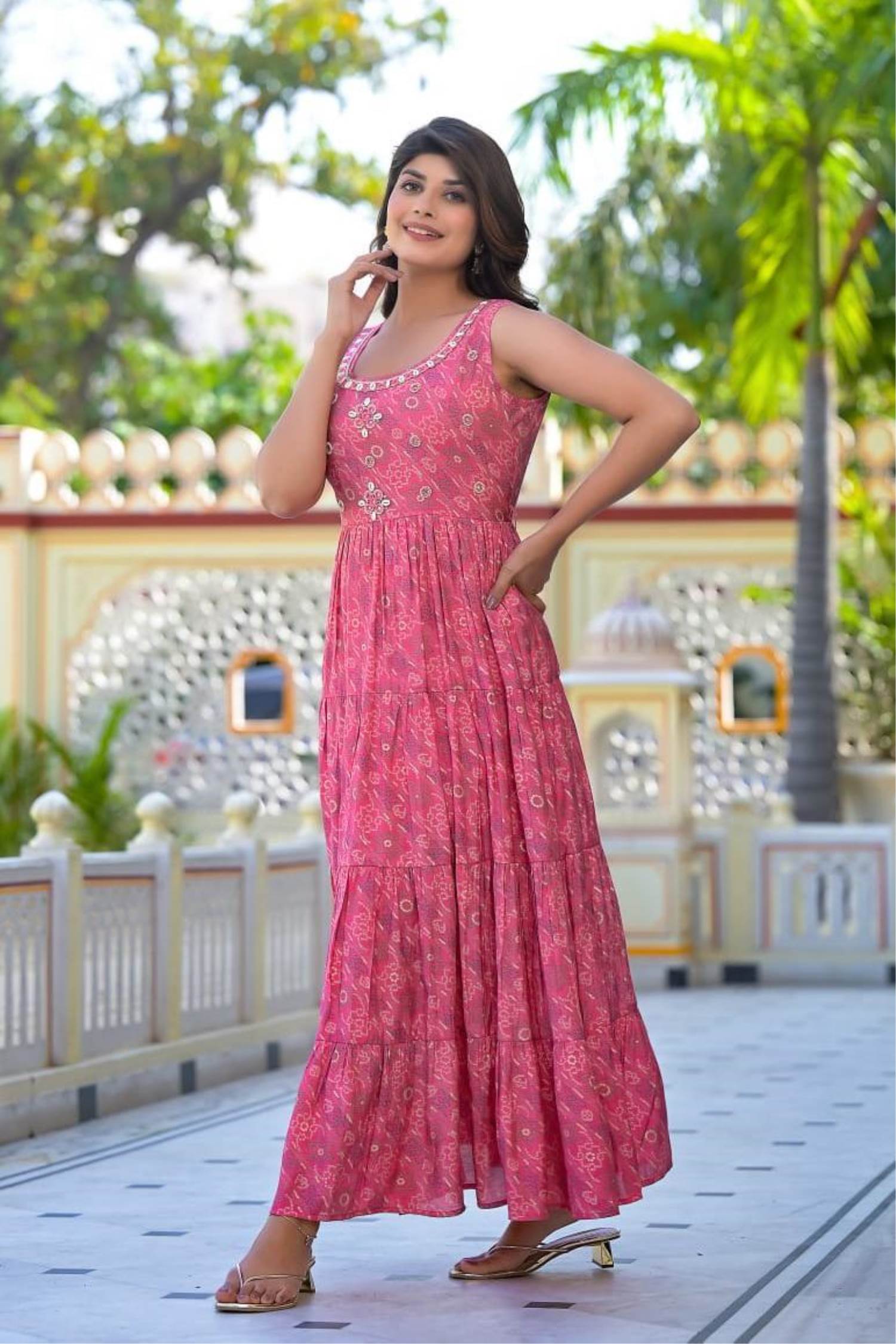 Pink Flared Long Gown Frock Kurti Printed Sleeveless Lightweight Designer  Kurta | eBay