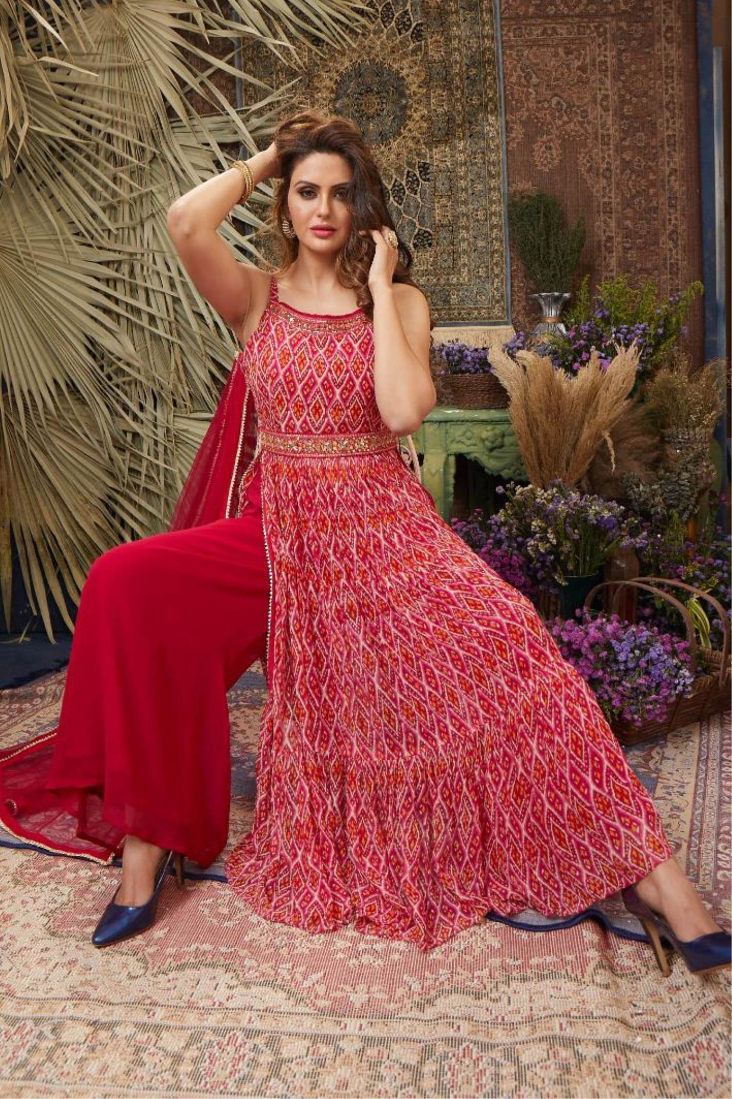Palazzo Suits : Red georgette partywear plazzo suit