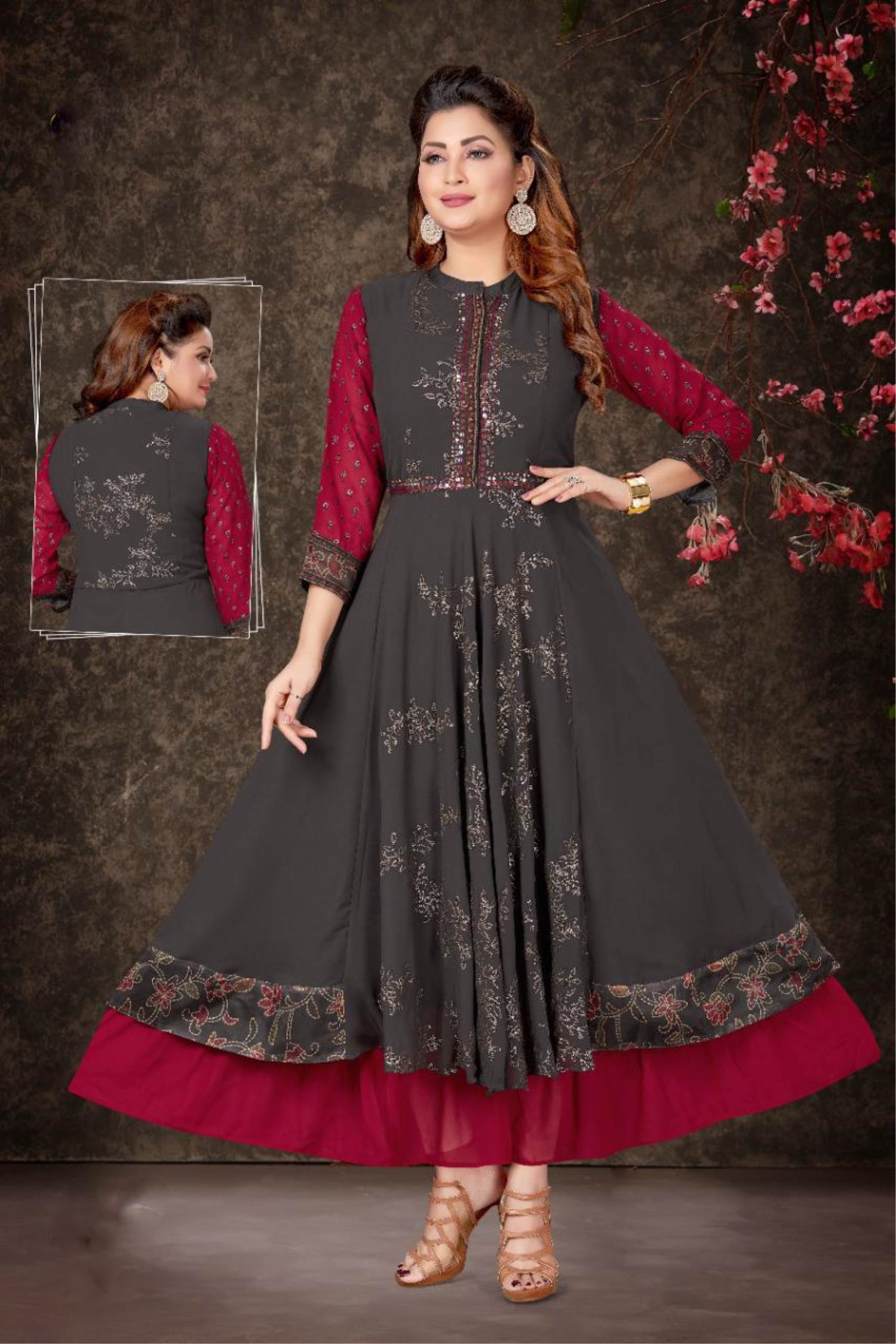 Grey Embroidered With Embellished Cotton Kurti