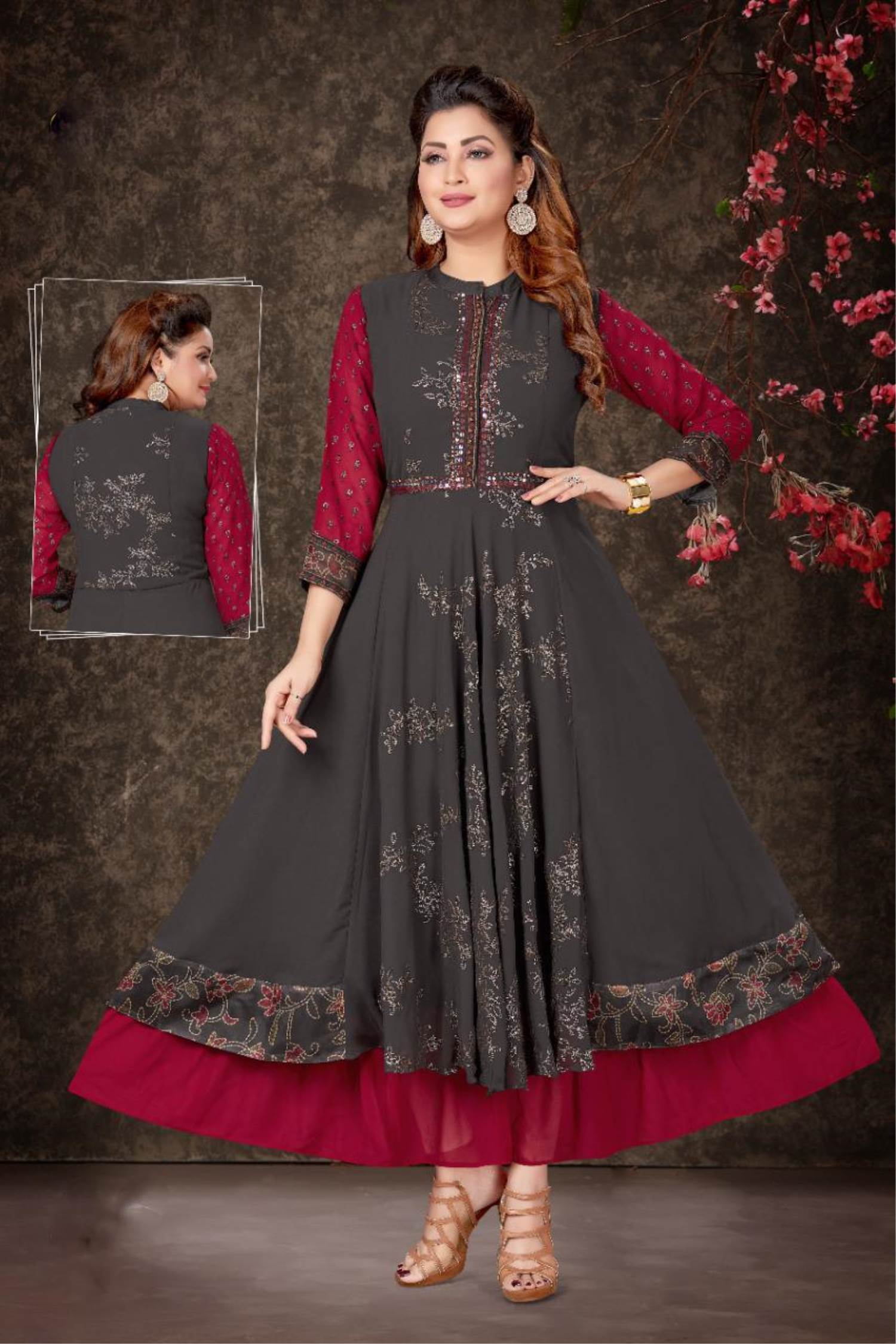 Grey Silk Kurti having Pink Highlights paired with Grey Skirt - SHADES OF  FAASHION - 3079214