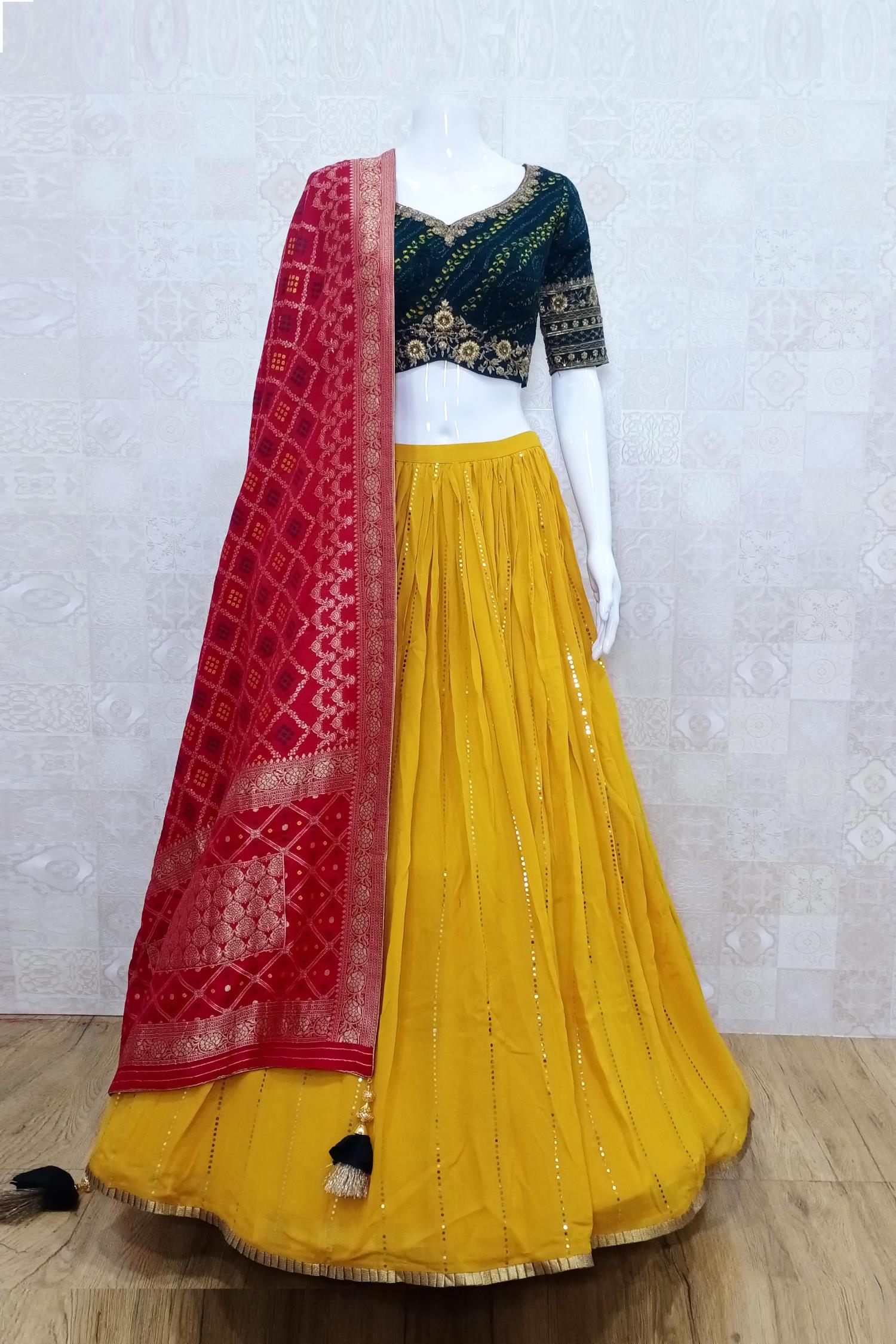 Ceremony Wear Green And Yellow Crush Work Lehenga Choli – vastracloth