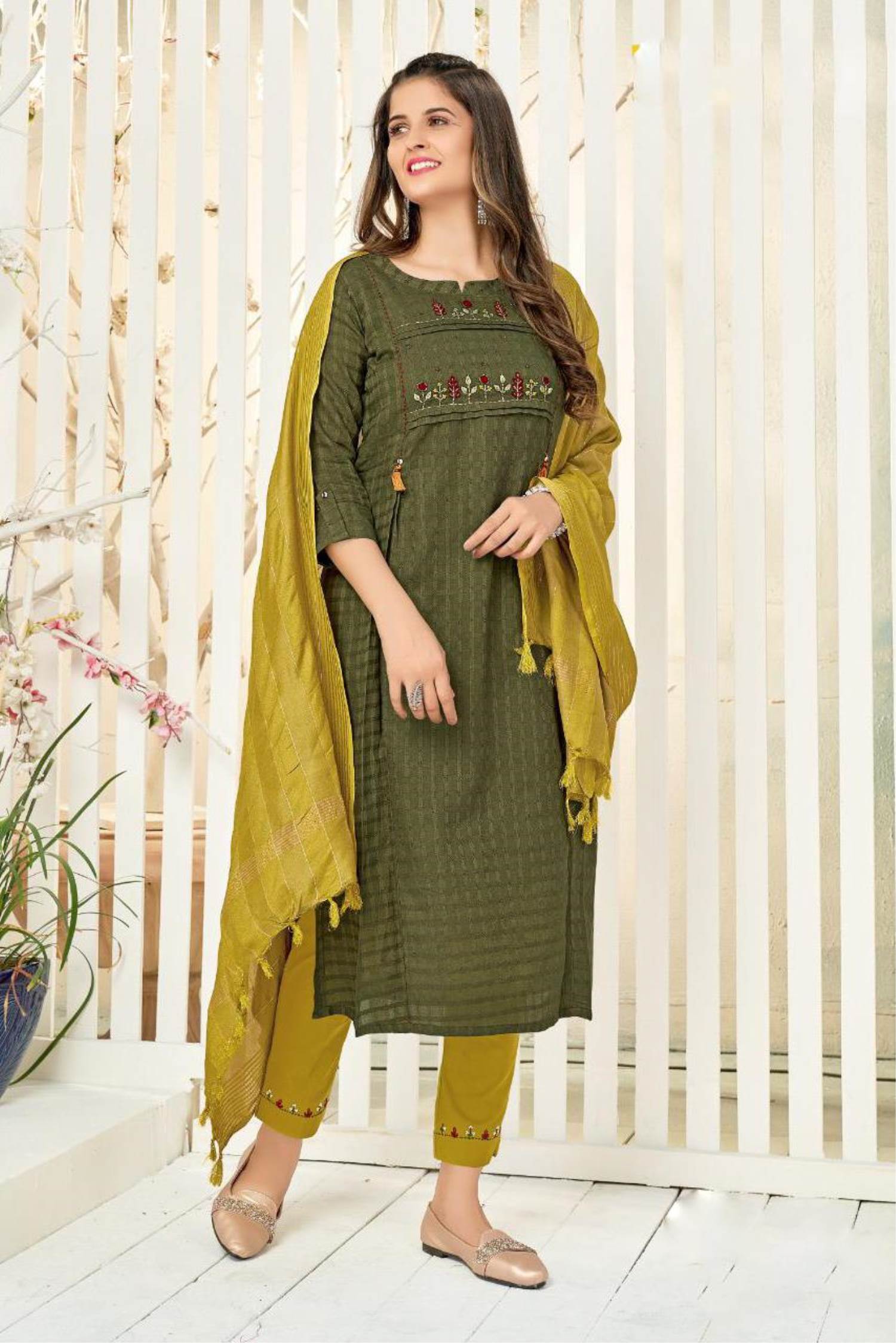 3 pcs nayra cut gorjet sets palazzo sets pant and kurtis sets all readymate  items mfg by us designer at Rs 660/piece in Ahmedabad