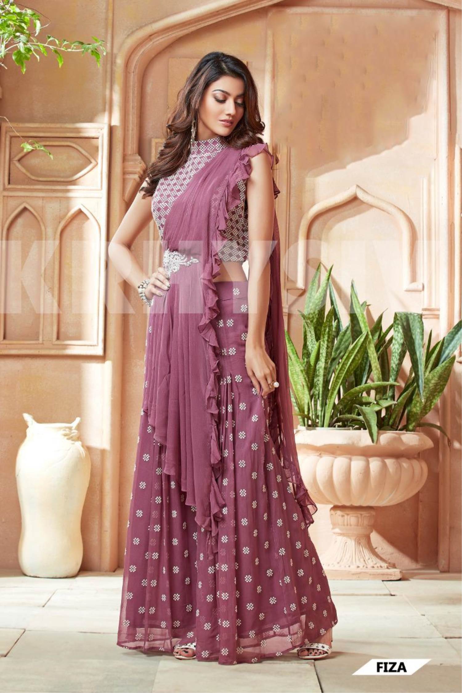 Onion pink semi silk dress with embroidered yoke by The Anarkali Shop  The  Secret Label