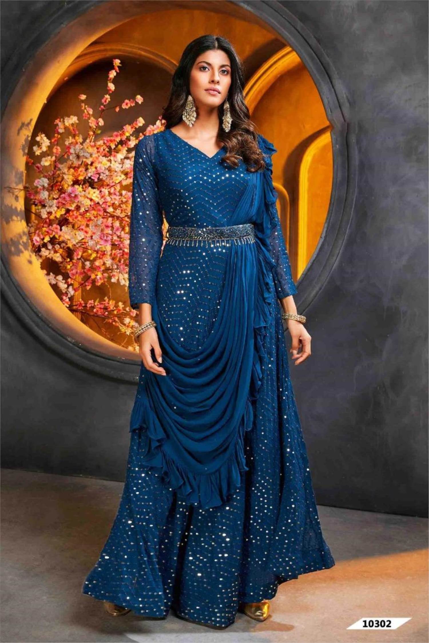 Buy Party Wear Blue Sequins Work Faux Georgette Gown Online From Surat  Wholesale Shop.