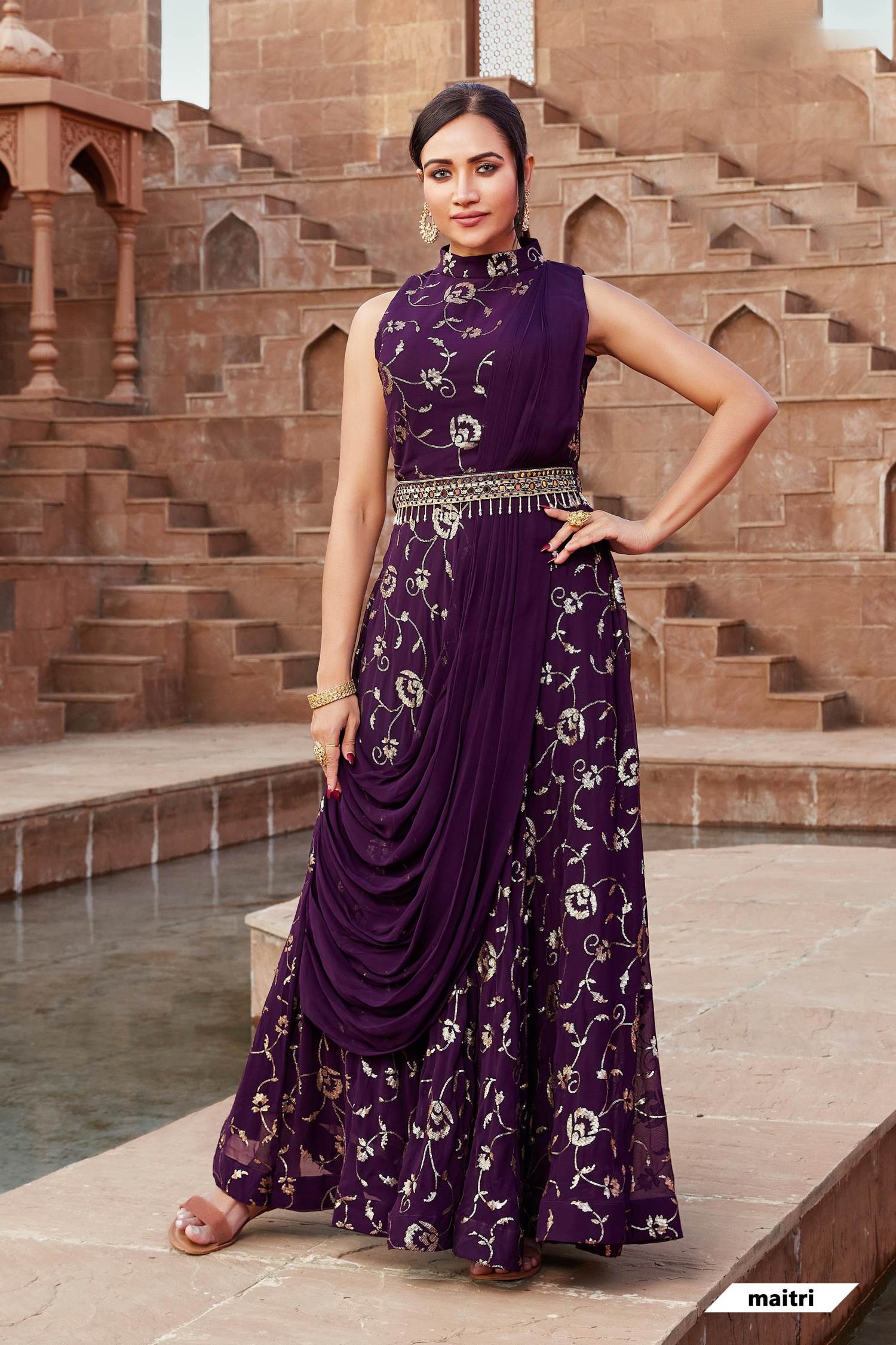 WINE PURPLE ANARKALI GOWN SET WITH MATCHING DUPATTA AND GOLD EMBELLISHMENTS  - Seasons India