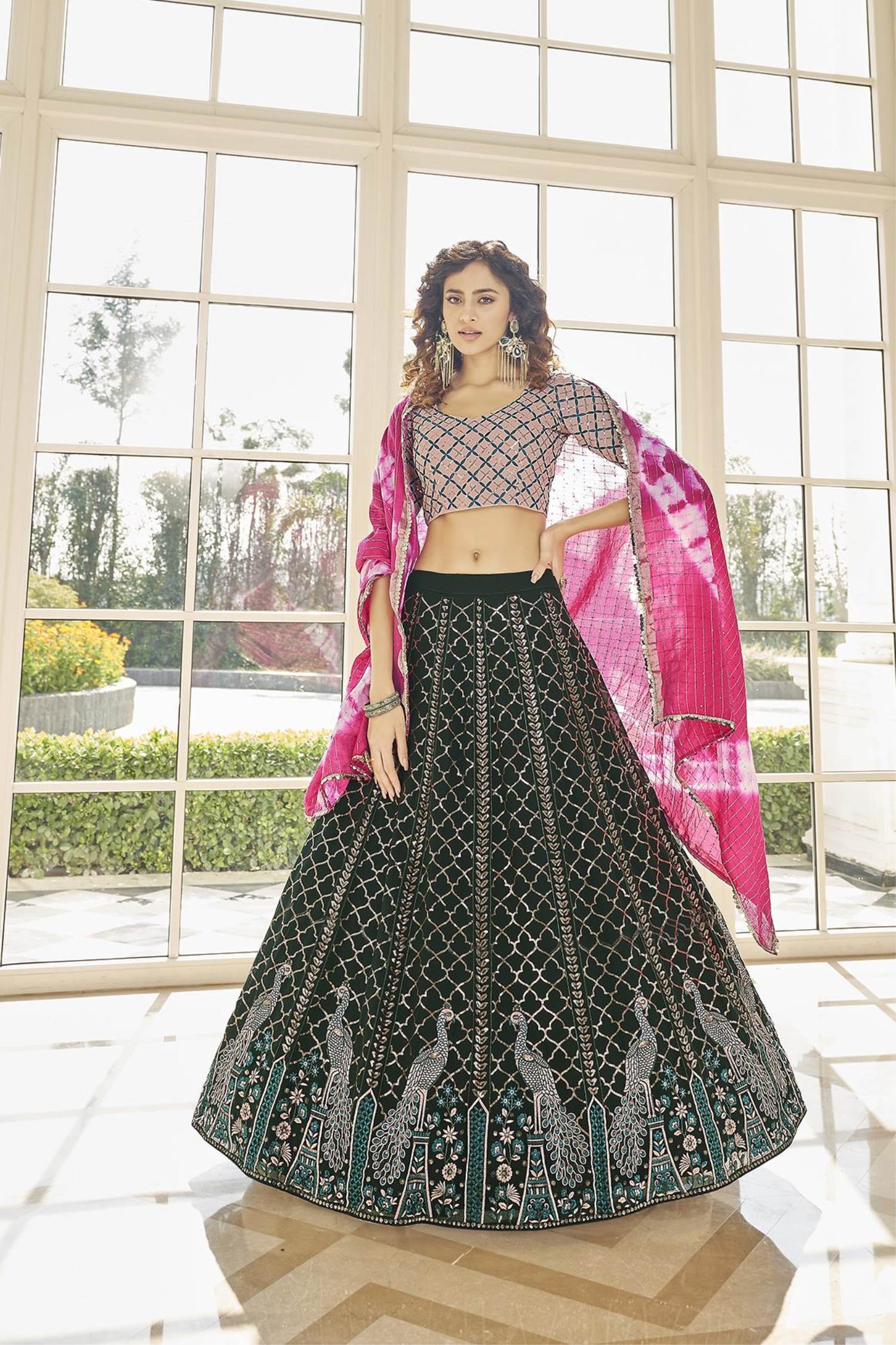 Peach and Dust Green Lehenga - Priti Sahni