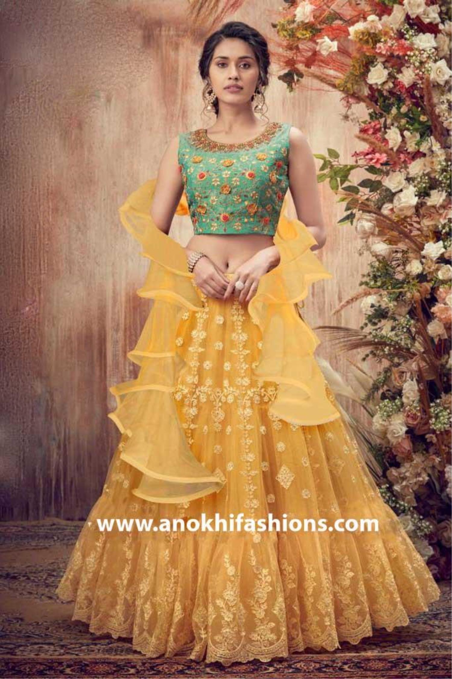 Buy Rangpur Green Lehenga With Golden Blouse And Dupatta online