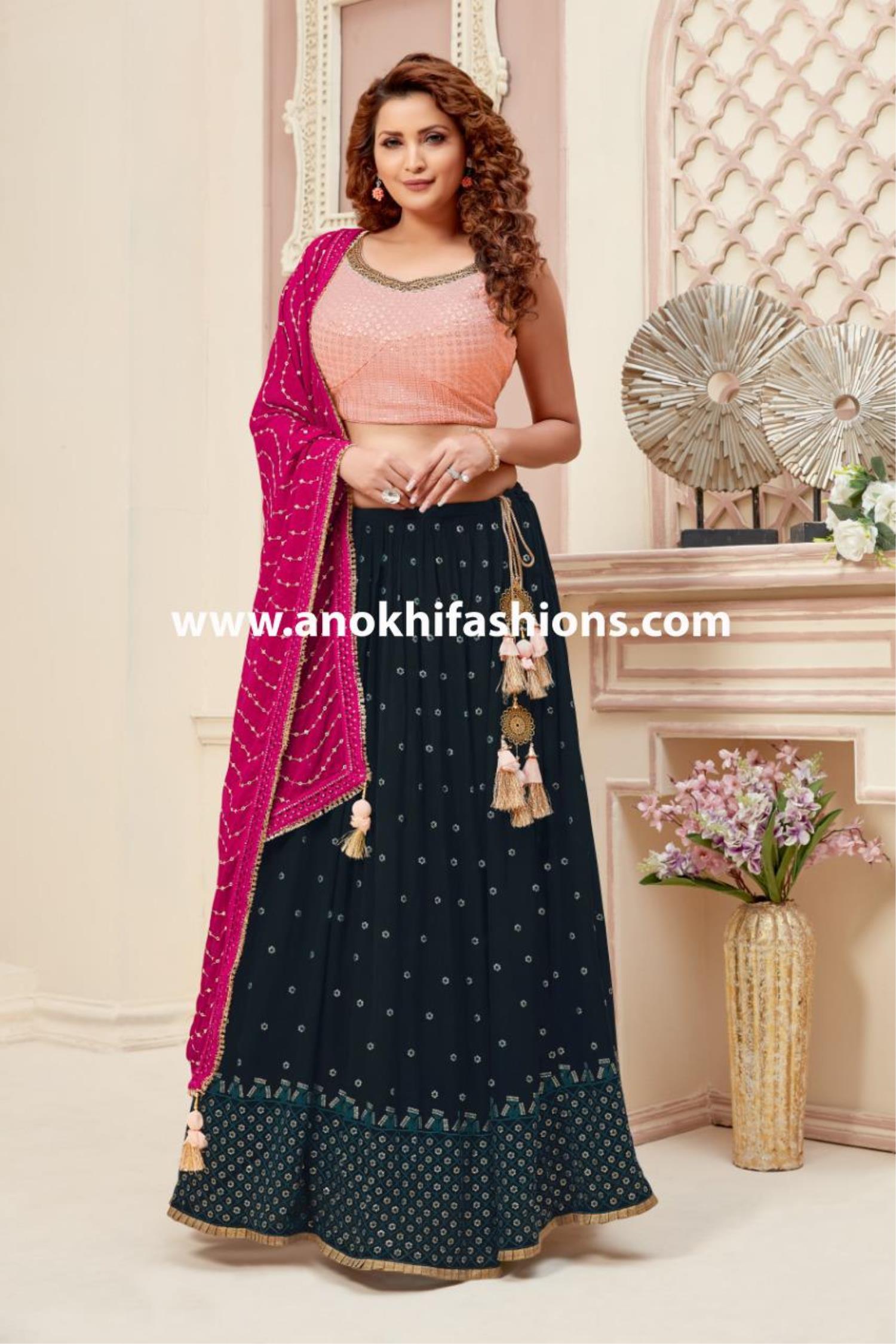 Peach Kanjivaram Silk South Indian Wedding Half Saree Lehenga With Dupatta  in USA, UK, Malaysia, South Africa, Dubai, Singapore