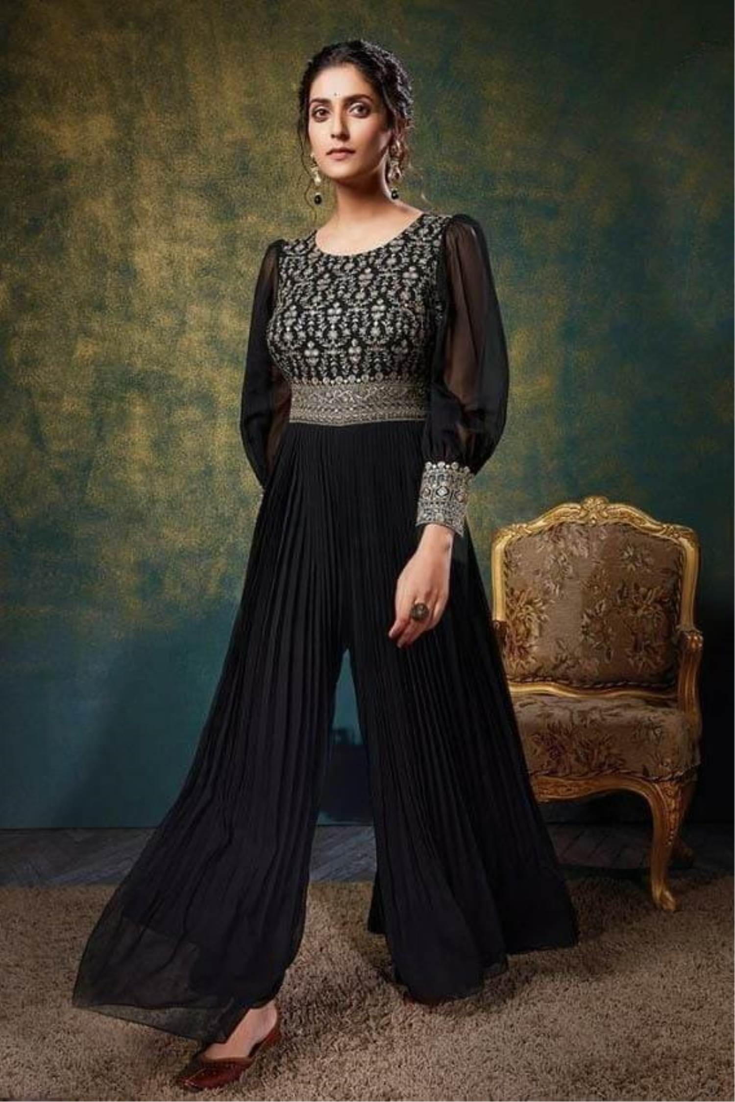 Buy Inddus Exotic Green Georgette Embellished Partywear Jumpsuit Online –  Inddus.com