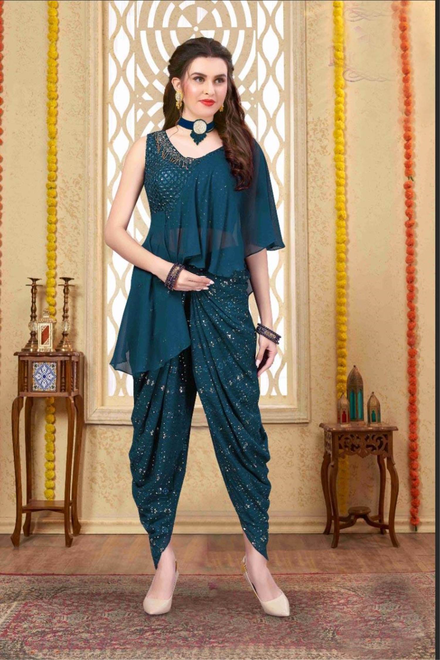 Peacock Blue Straight Salwar Suit With Printed Dupatta