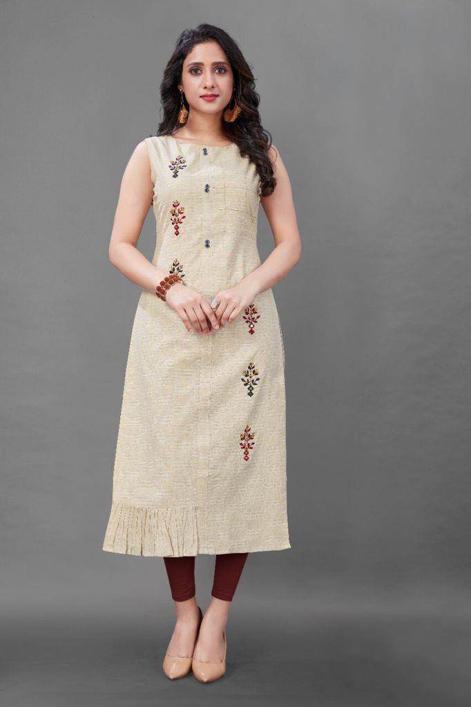 Anarkali style Cotton fabric Cream color kurti with Zari, Thread & Sequence  work with Bottom & Dupatta