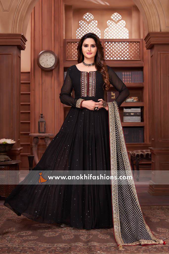 Gown : Black silk sequence thread embroidered party wear ...