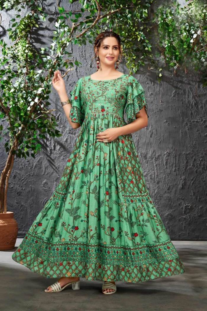 SANGINI VOL-2 BY NYSA BRAND FABRIC RAYON SEMI CAPSULE BANDHEJ FOIL PRINT  SEQUENCE EMBROIDERY WORK NECK JARI ANARKALI LONG GOWN KURTI WHOLESALER AND  DEALER