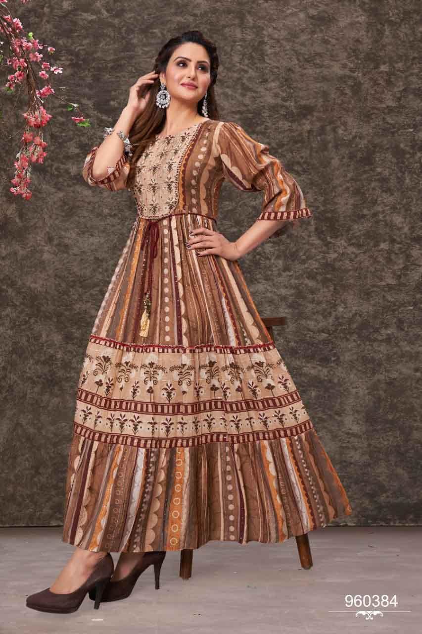 brown satin long embroidered gown style suit 5017