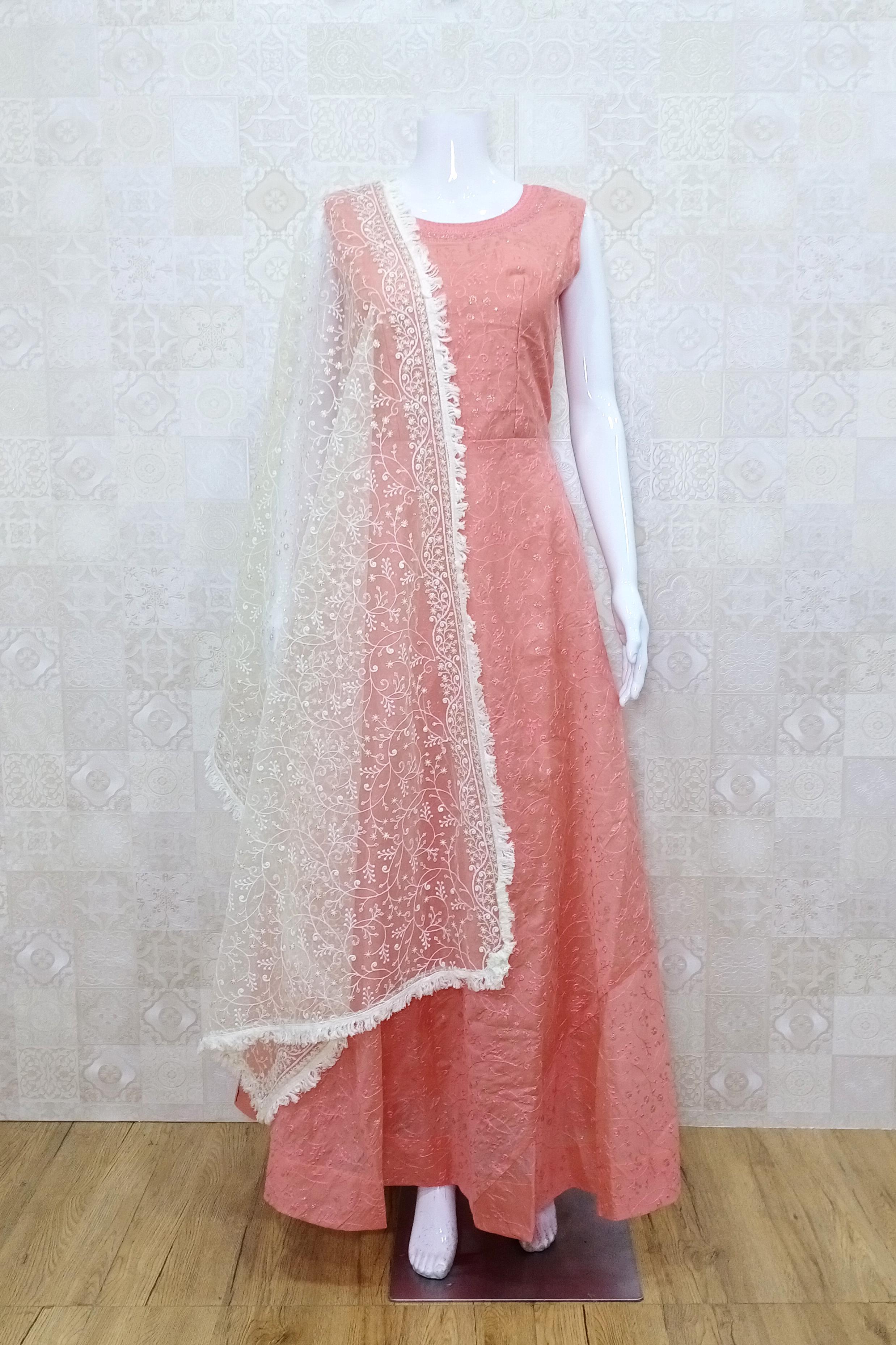 Captivating Peach Zari Embroidered Net Gown With Dupatta | Net gowns, Gown  with dupatta, Peach gown