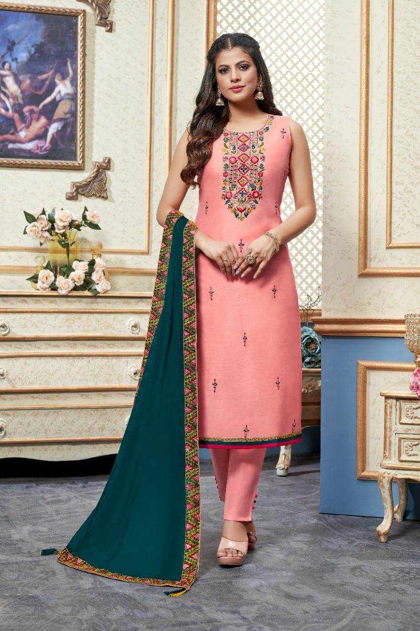 Peach Sequins Embroidered Georgette Semi Stitched Suit