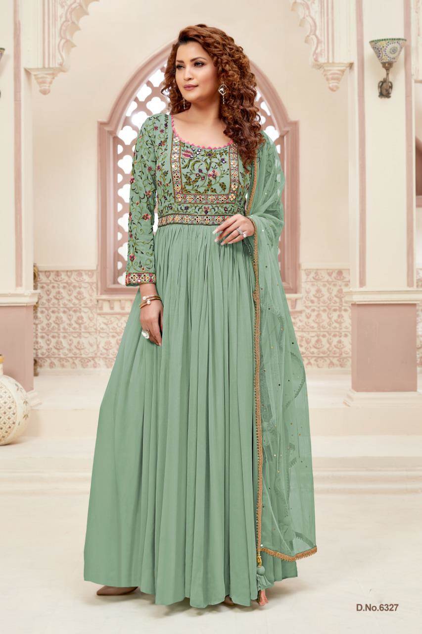 Sea Green Color Viscose Silk Fabric Fancy Embroidered Function Wear Re