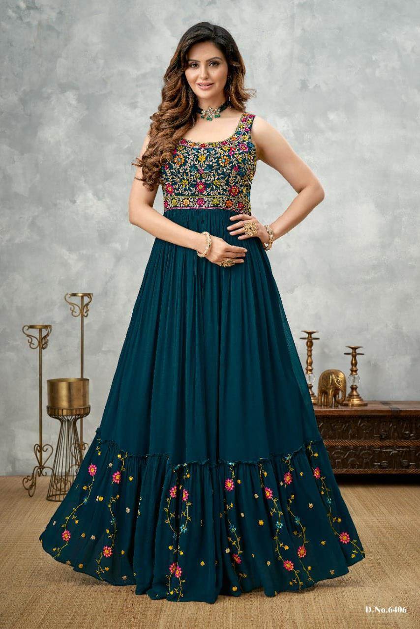 Blue Color Party Wear Long Gown With Dupatta :: ANOKHI FASHION