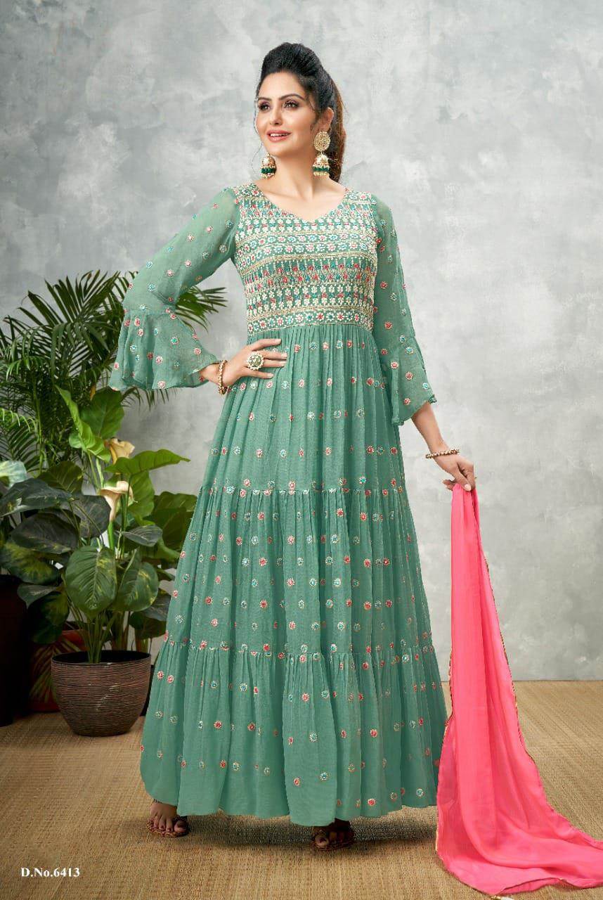 Sea Green Color Embroidered Plazzo Dress