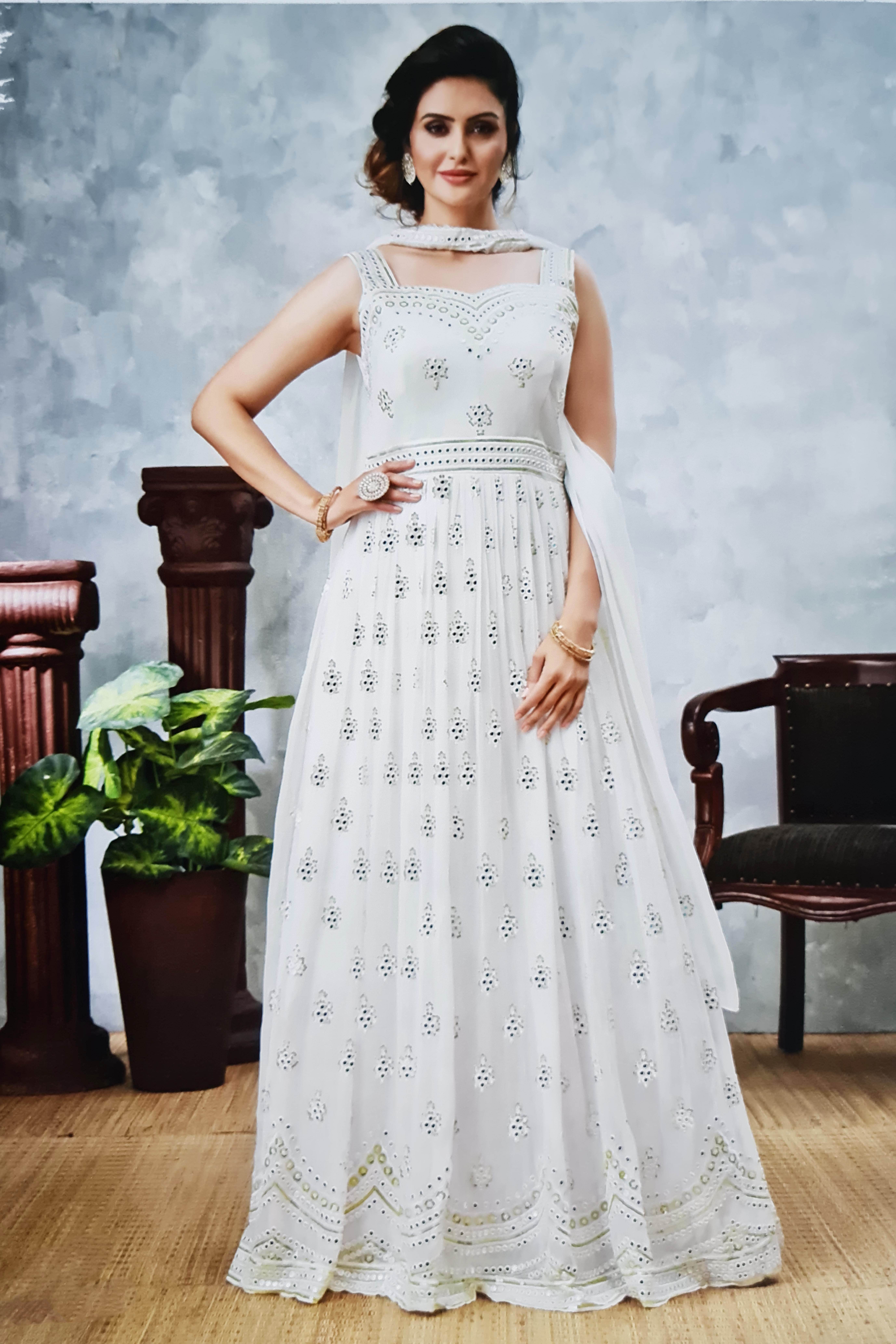 White Long Printed Casual Wear Gown | Latest Kurti Designs