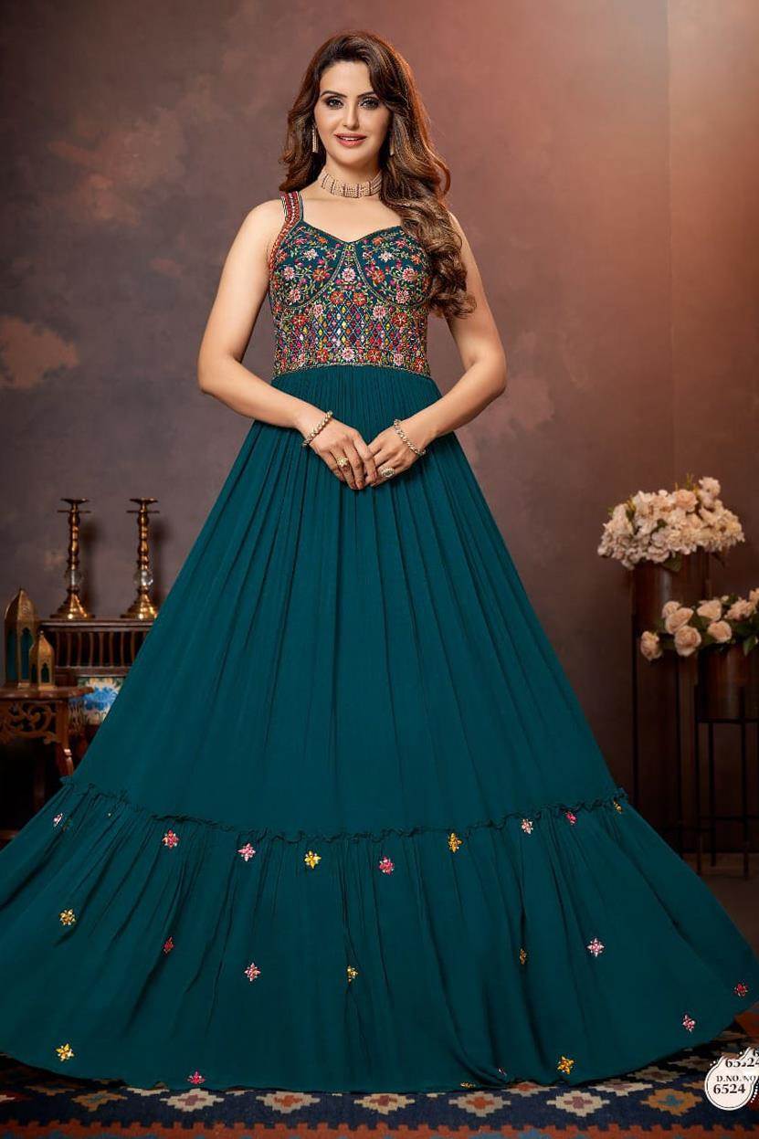 Full flared gown in light blue colour with prints - Kurti Fashion