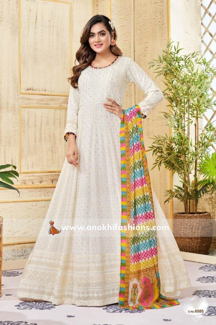 Unique printed design georgette cream color gown. – ajmera-retail