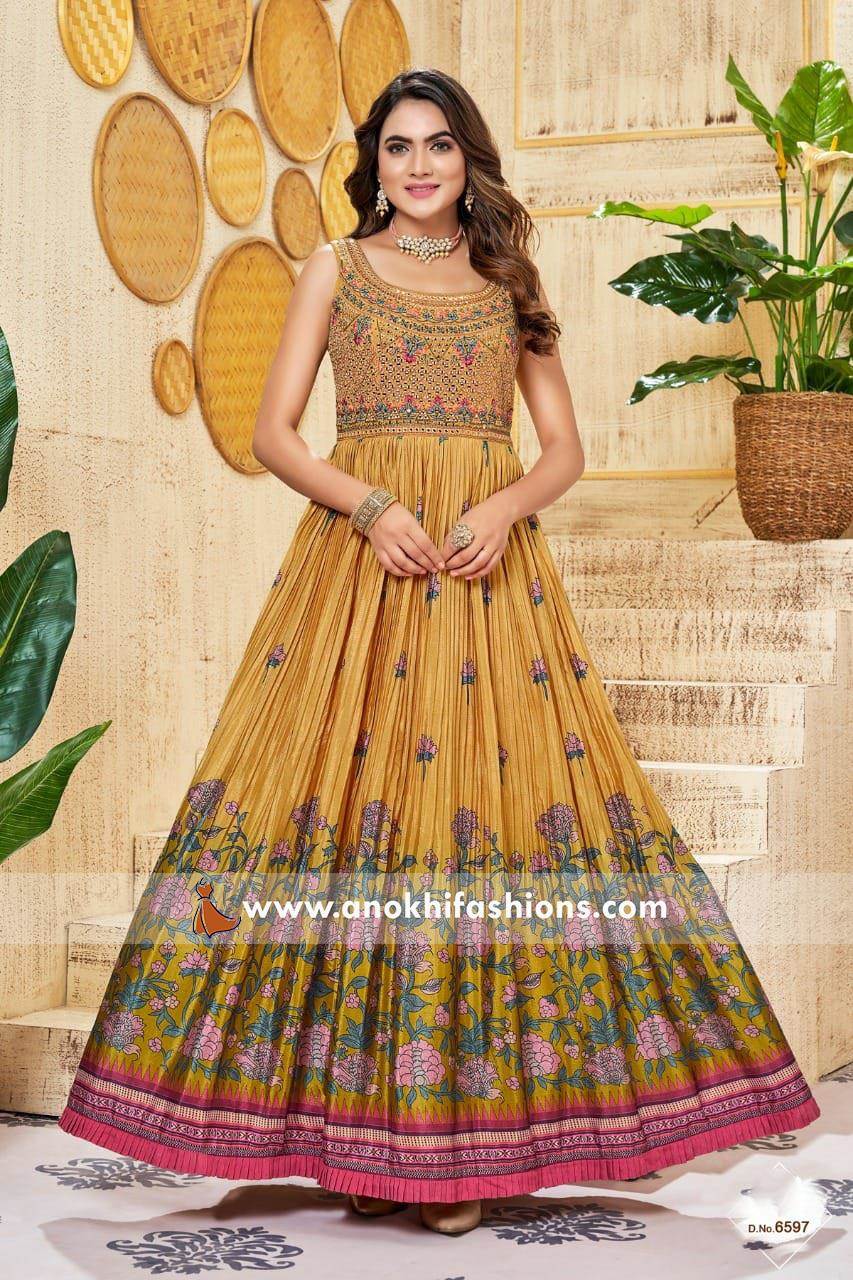 Mustard Color Party Wear Designer Gown ANOKHI FASHION