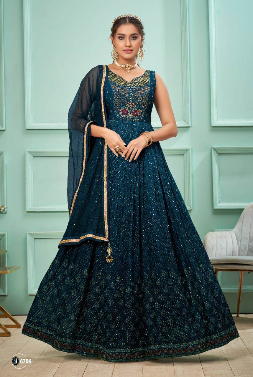 Peacock Blue Diamond Work Anarkali Gown For Wedding