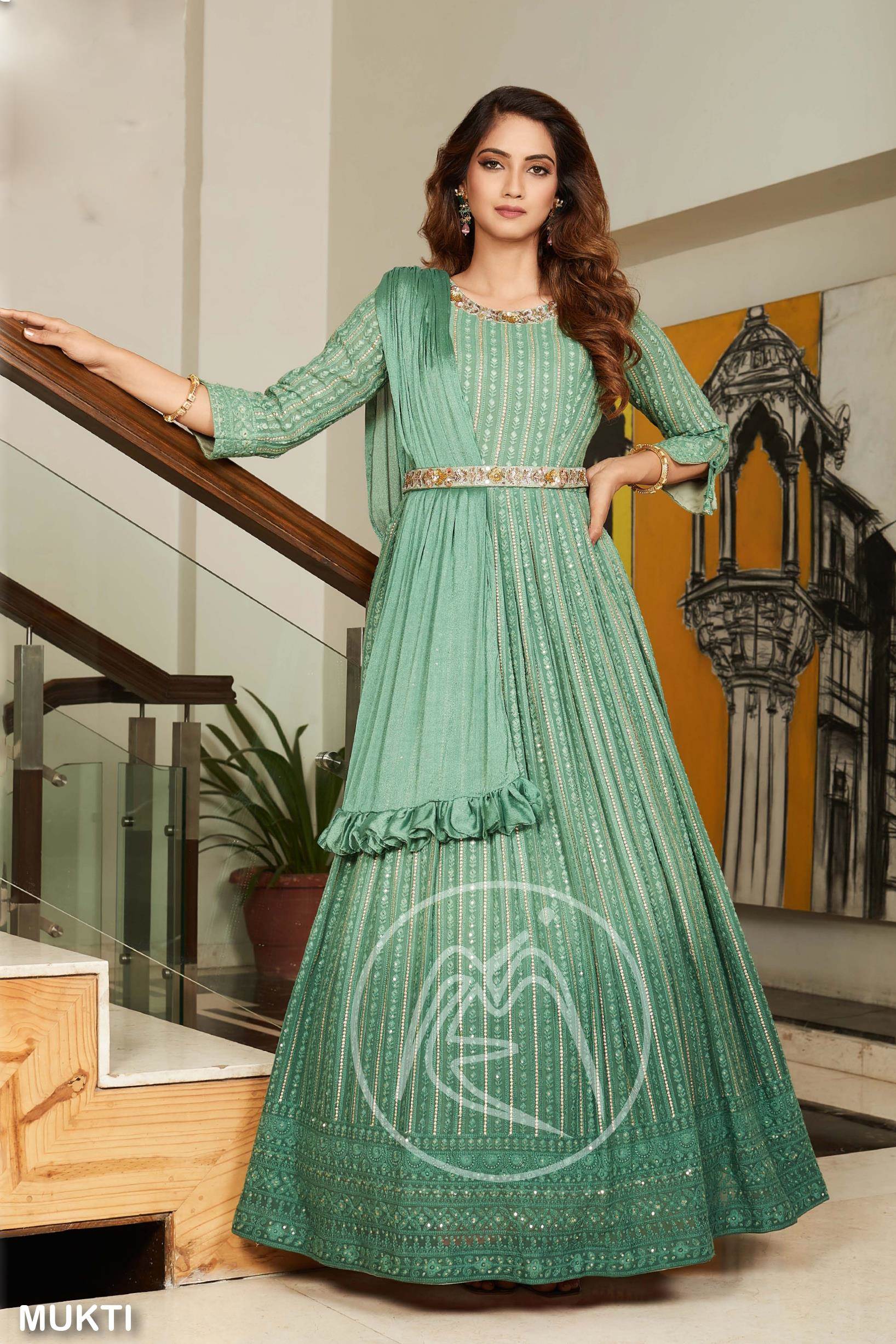 Desirable Green Coloured Embroidered Party Wear Floral Taffeta Gown