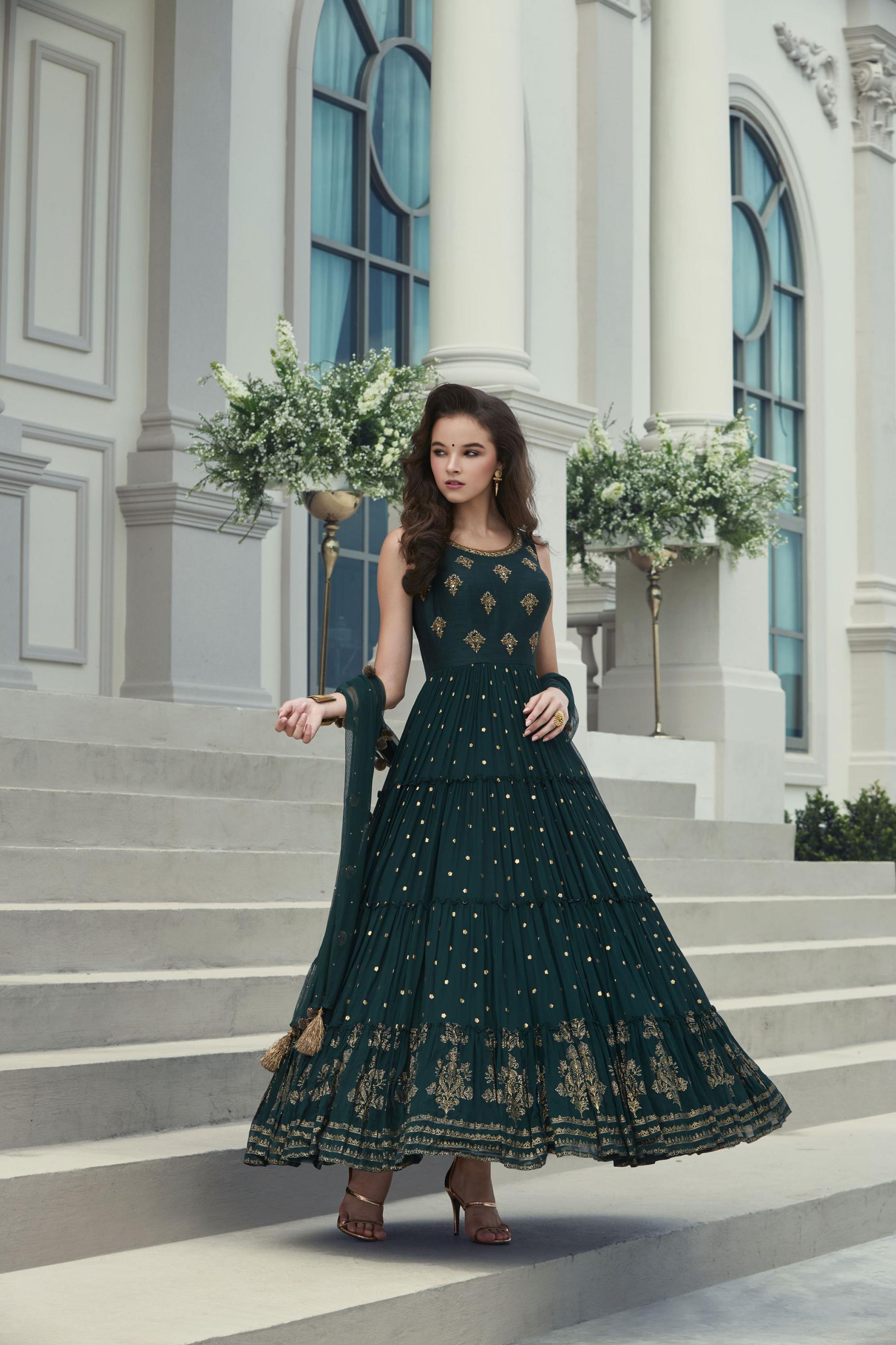 Dark Green Modal Satin Gown with Dupatta with Zari Work – Kavra Fashion®