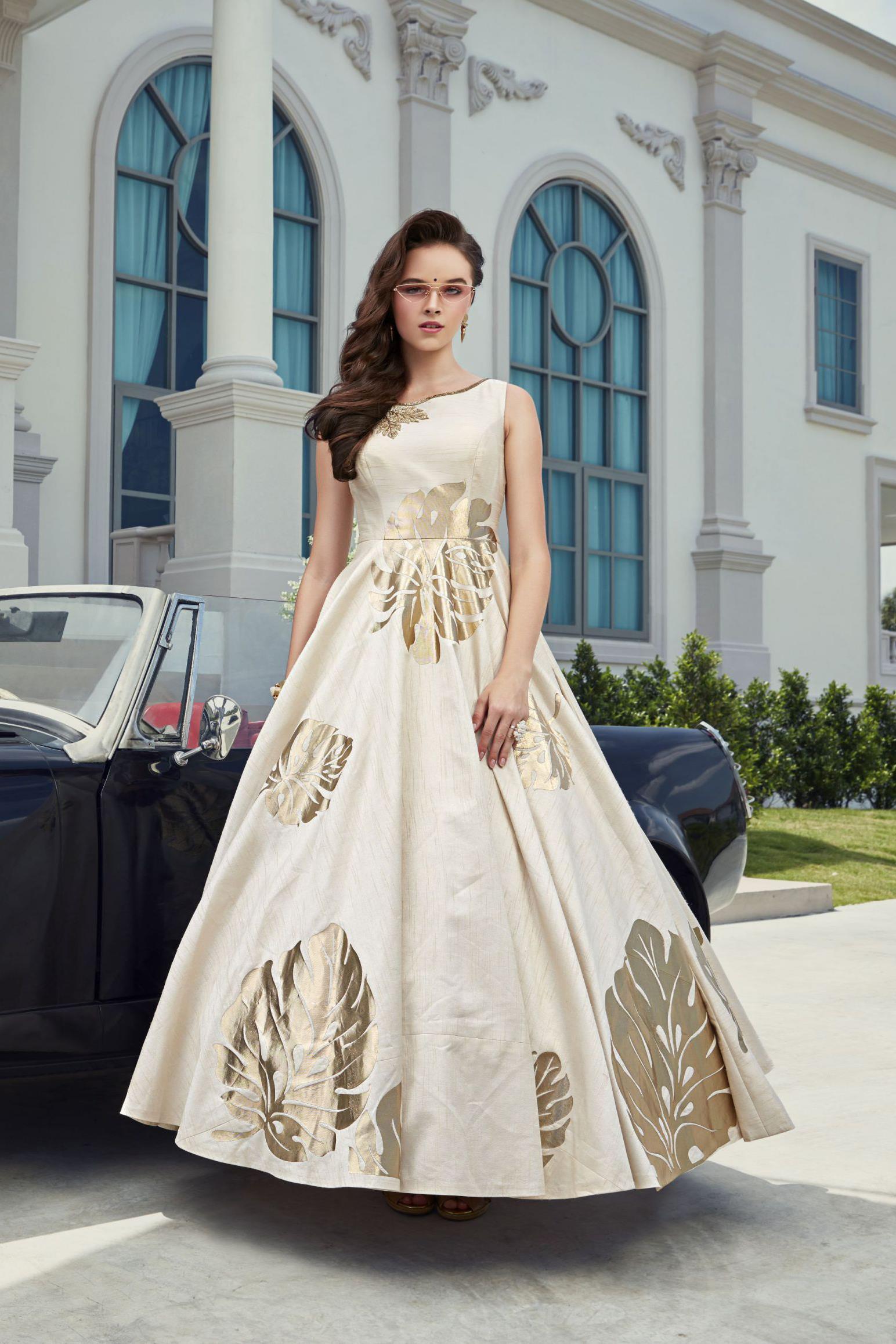 Cream Net Designer Gown at Rs 3155 in Surat | ID: 20591223773