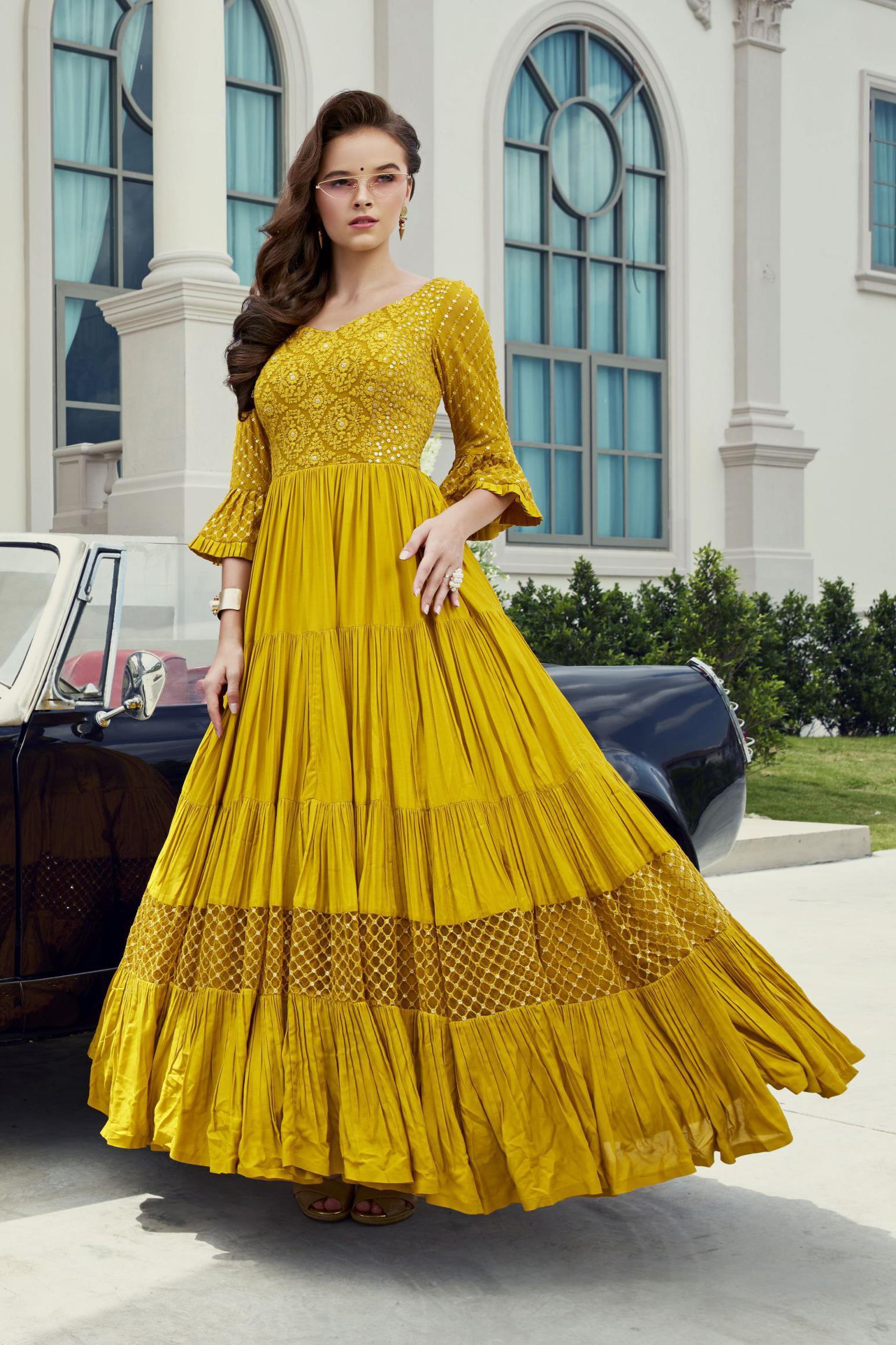 Shop Mustard Silk Gown Online | Vasansi Jaipur