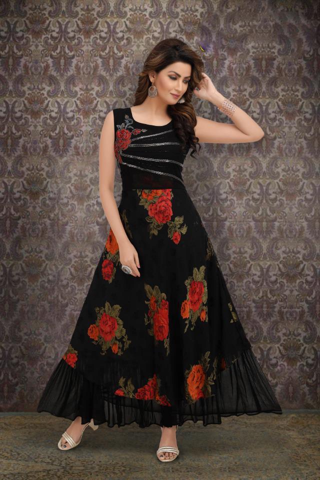 Party Wear Black and Grey color Muslin fabric Gown : 1858886