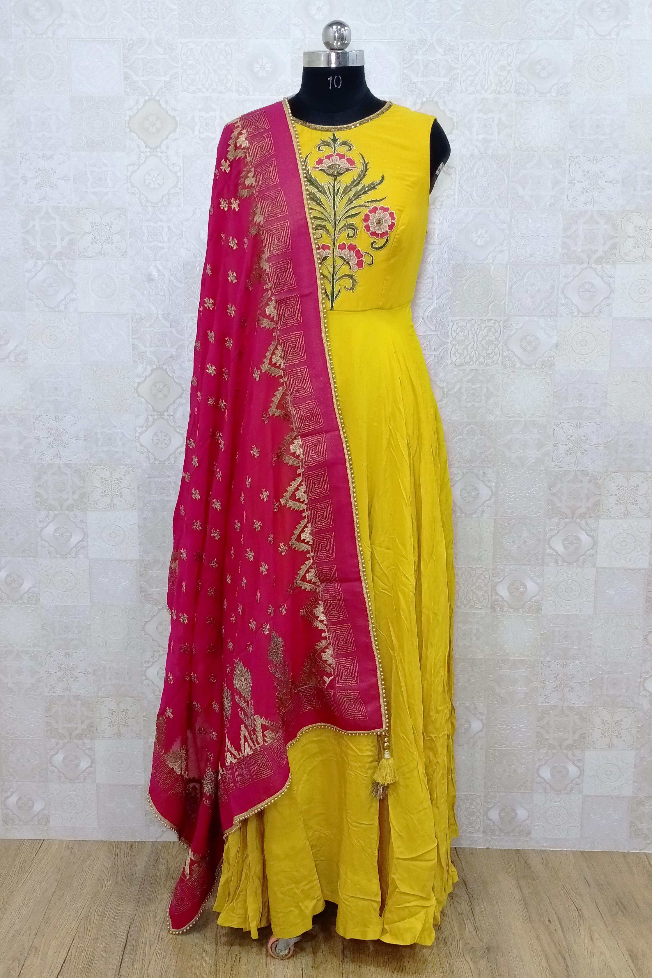 Yellow Color Gown With Pink Dupatta ...