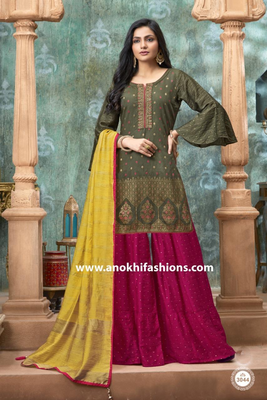 Stunning Georgette Fabric Function Wear Embroidered Mehendi Green Color  Readymade Sharara Suit