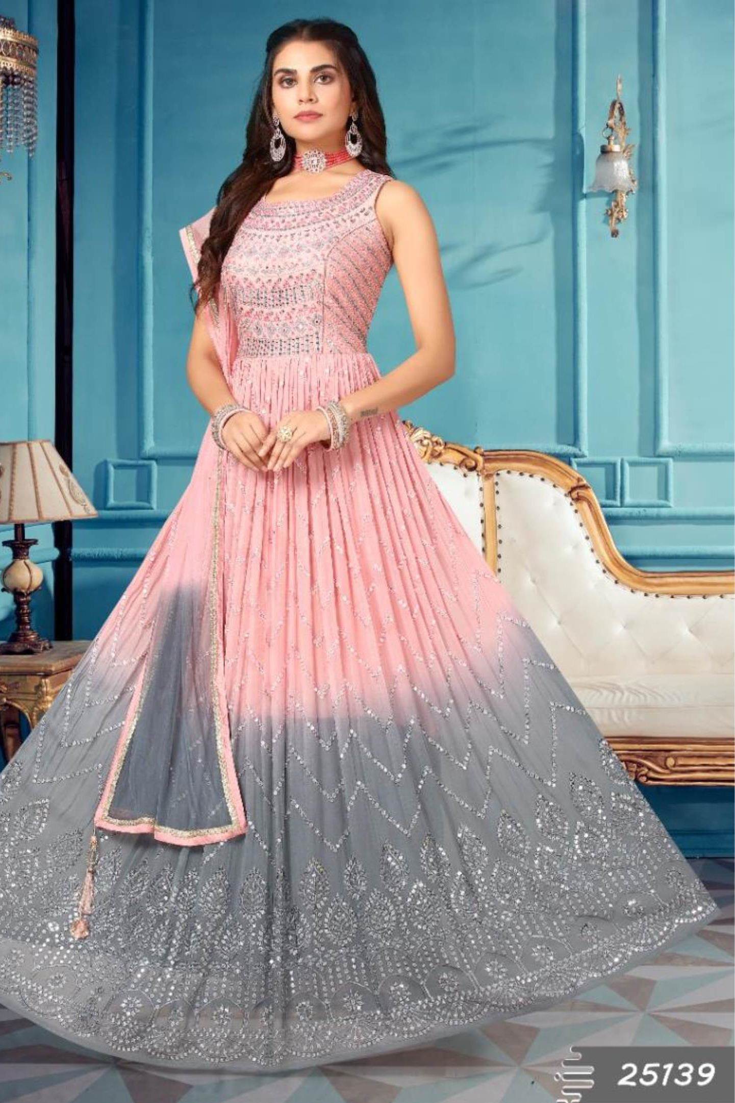 Buy Light Pink Sequins Embroidered Evening Gown Online | Samyakk