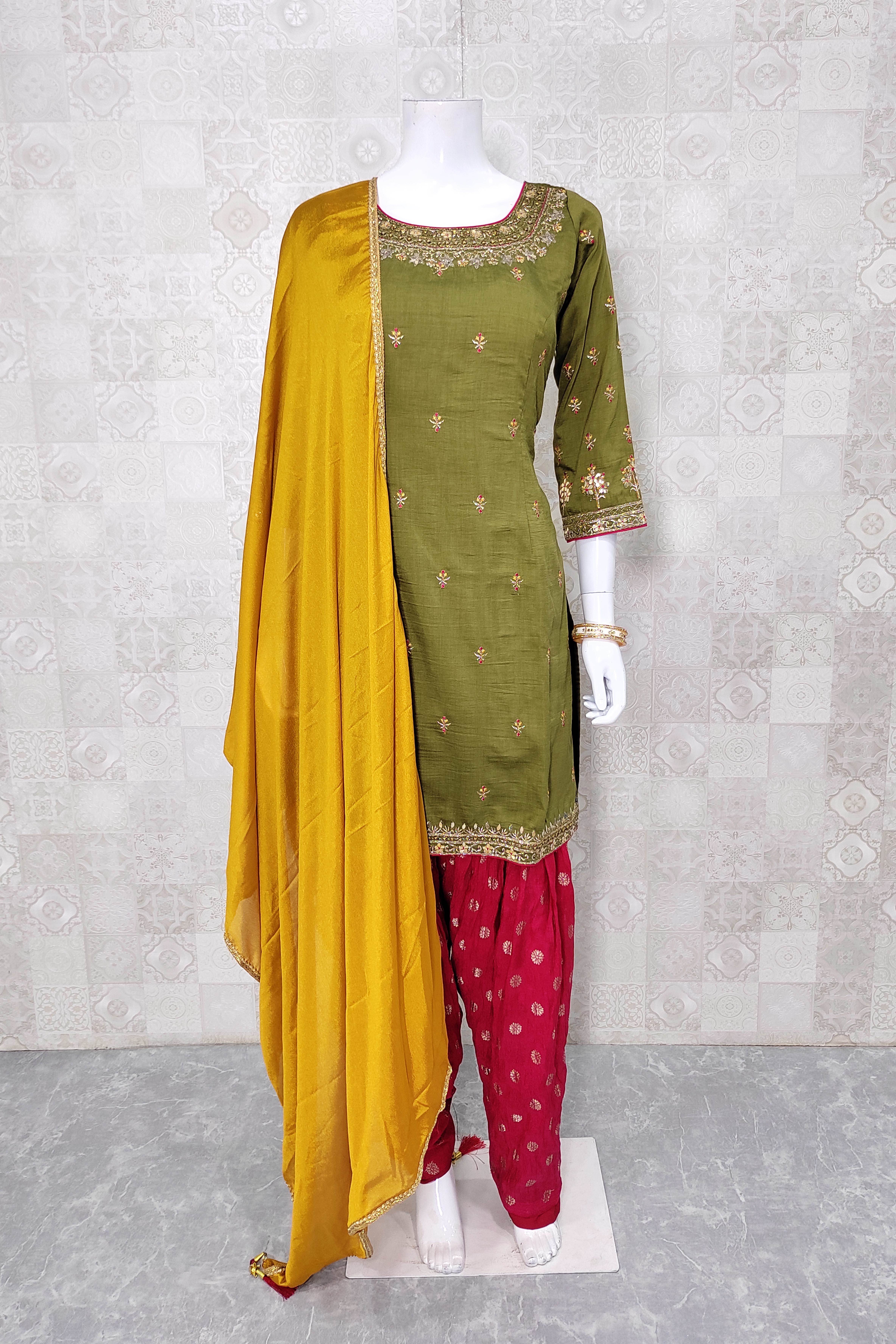 Mehndi Colour Suit | Dress materials, Cotton dress material, Cotton dresses