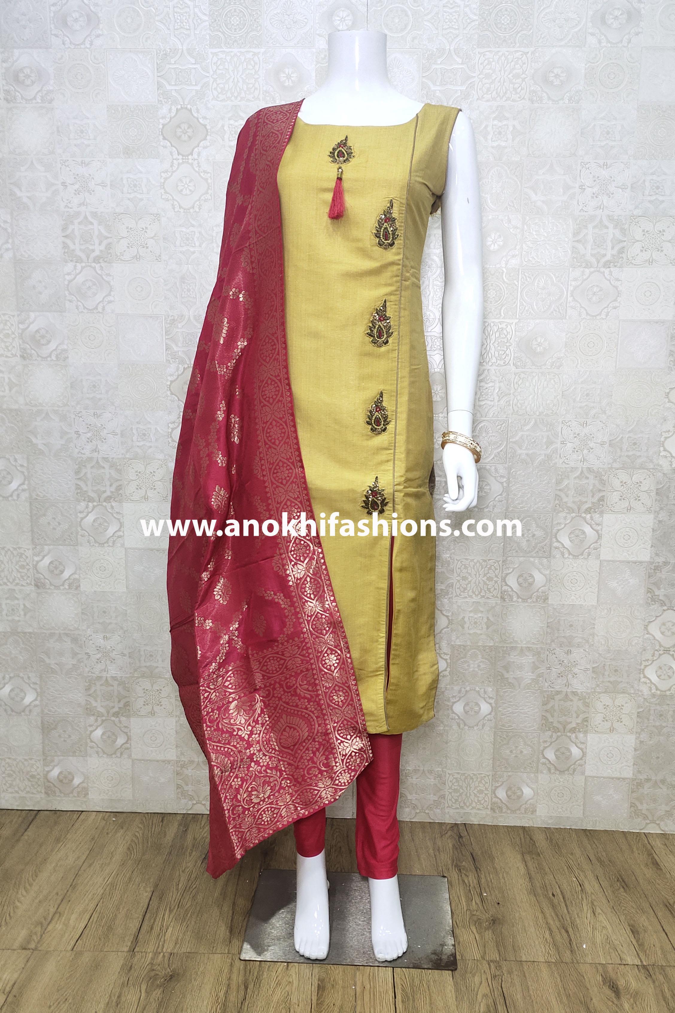 Embroidered Hot Pink Rayon Stitched Suit with Dupatta | KJ Diya Trends-3006  | Cilory.com