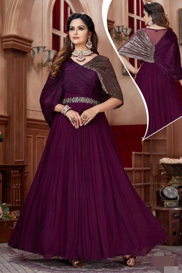 Wine Color Georgette Fabric Divine Readymade Gown | Embroidered gown, Gowns,  Indian dresses