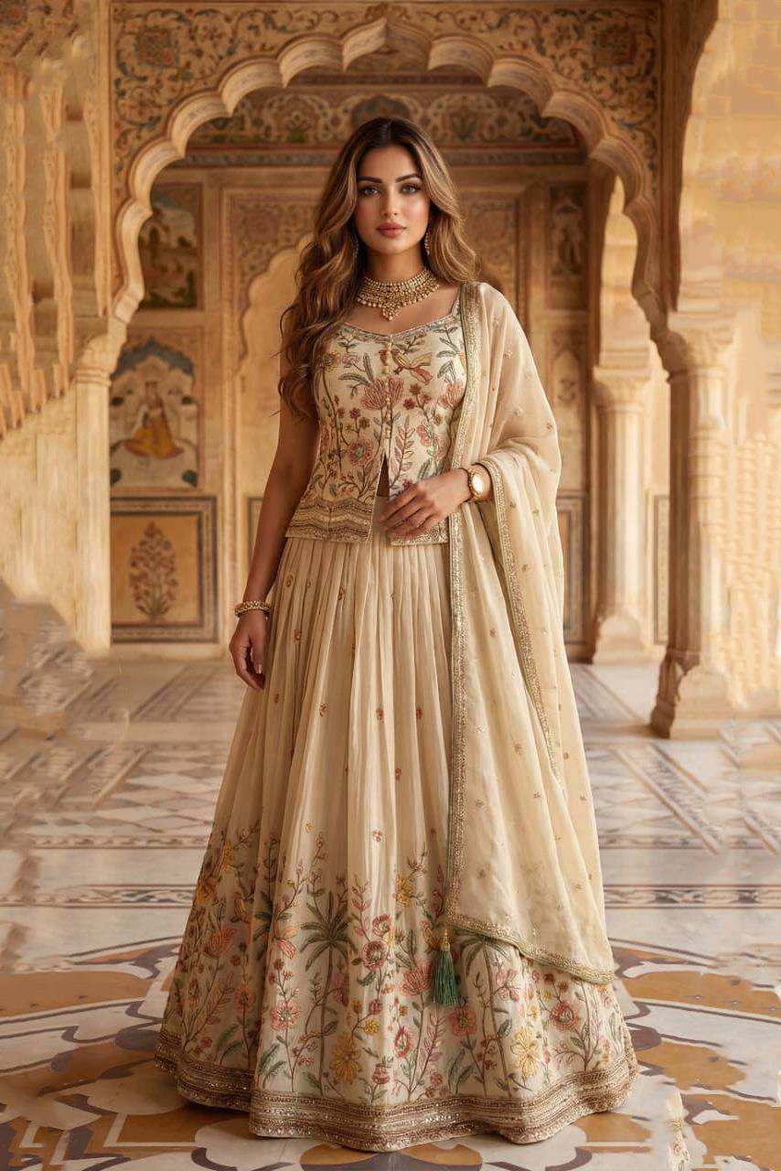 slim fit dress slacks Cream Tissue Woven Pleated Lehenga with Mirror Work Corset – Saree.com main image 1