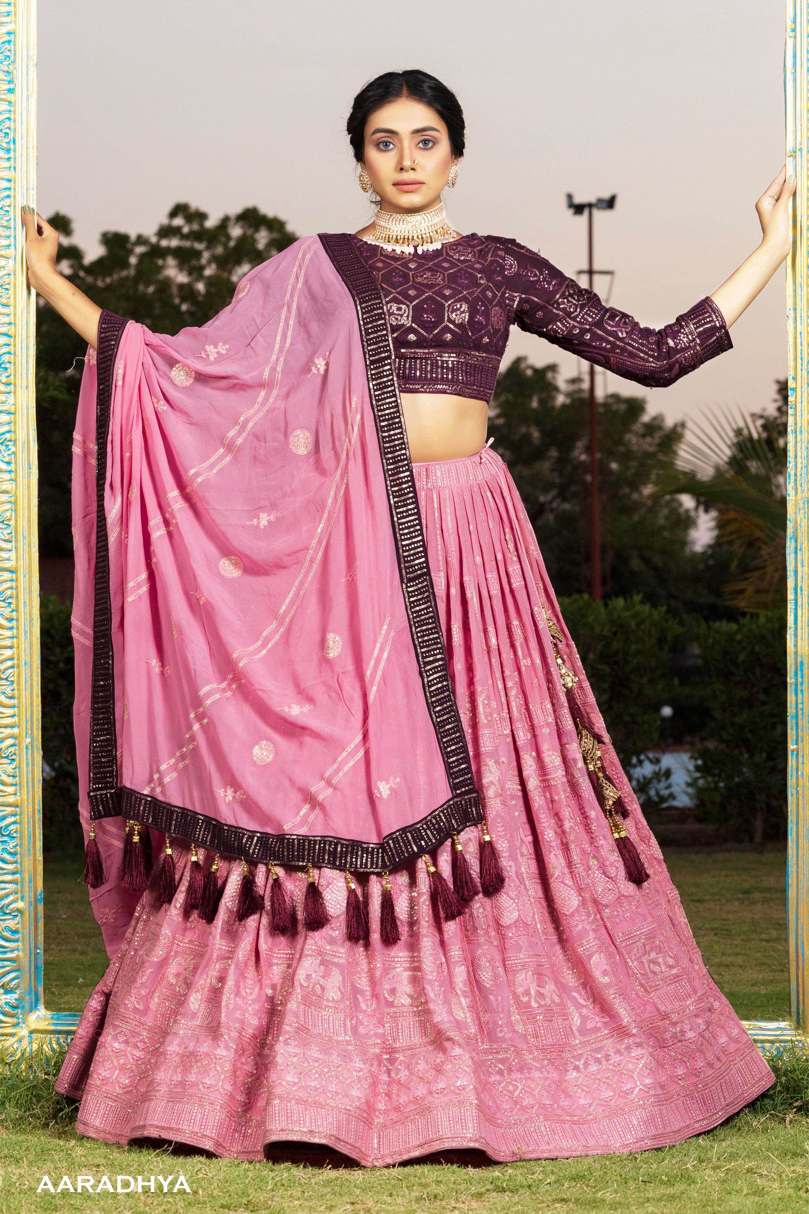 Buy Wine Art Silk Lehenga with Elegant Thread, Zari & Zarkan Work – Gunj  Fashion